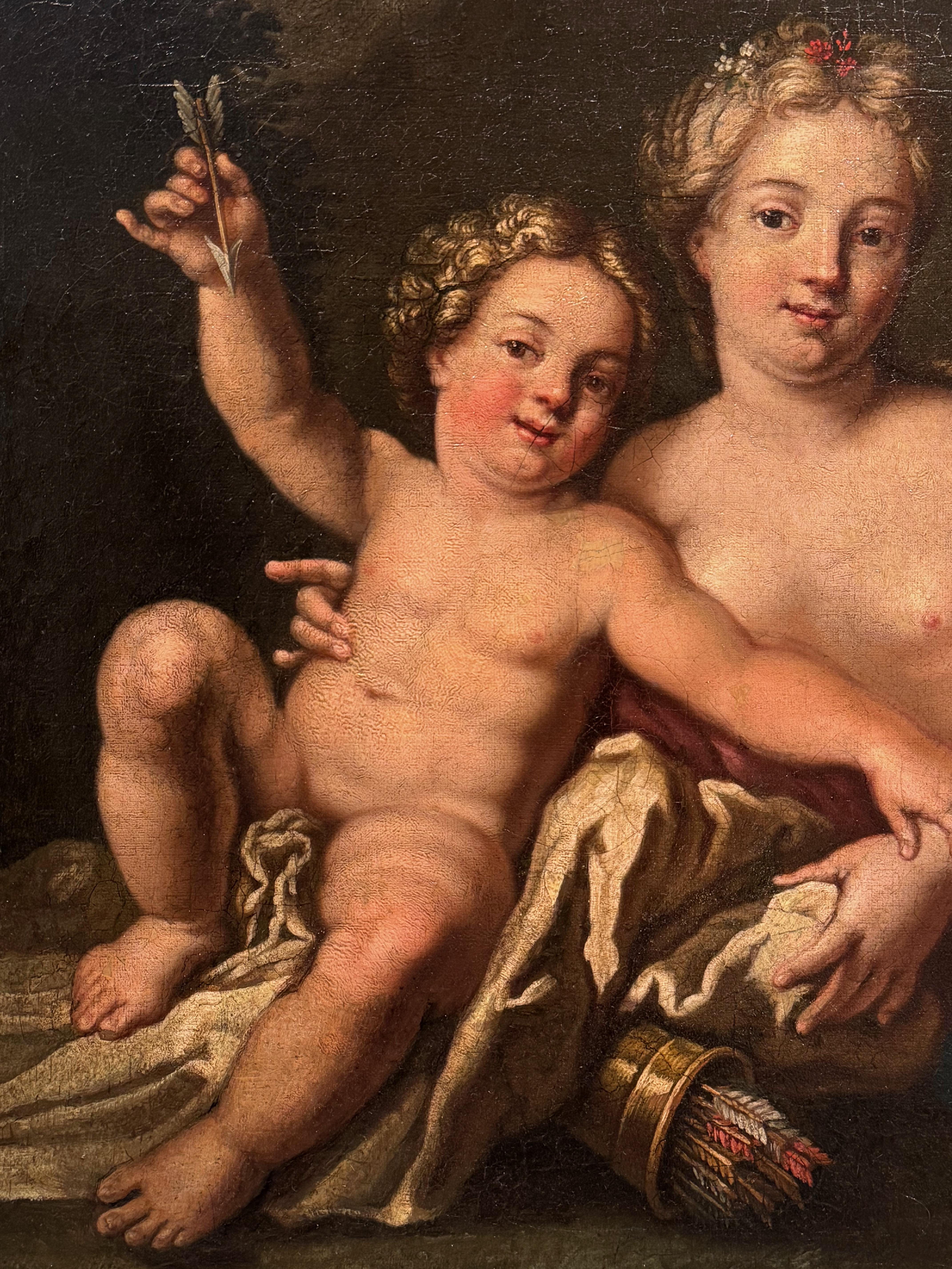 Vénus und Cupidon, Öl auf Leinwand, Französische Schule, um 1750 (Rokoko) im Angebot