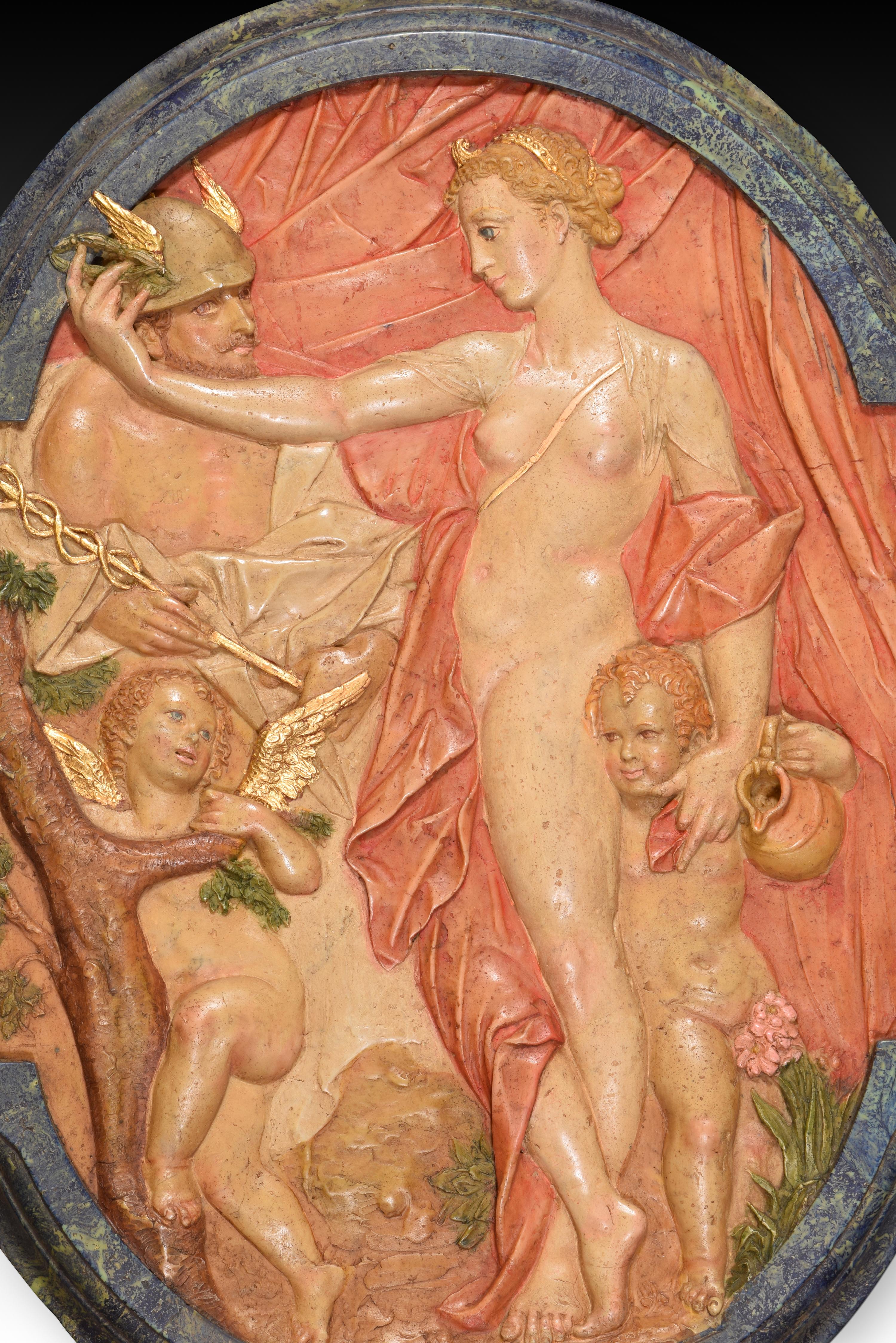 Renaissance Revival Venus and Mercury, relief. Molded alabaster. 20th century, after Spranger For Sale