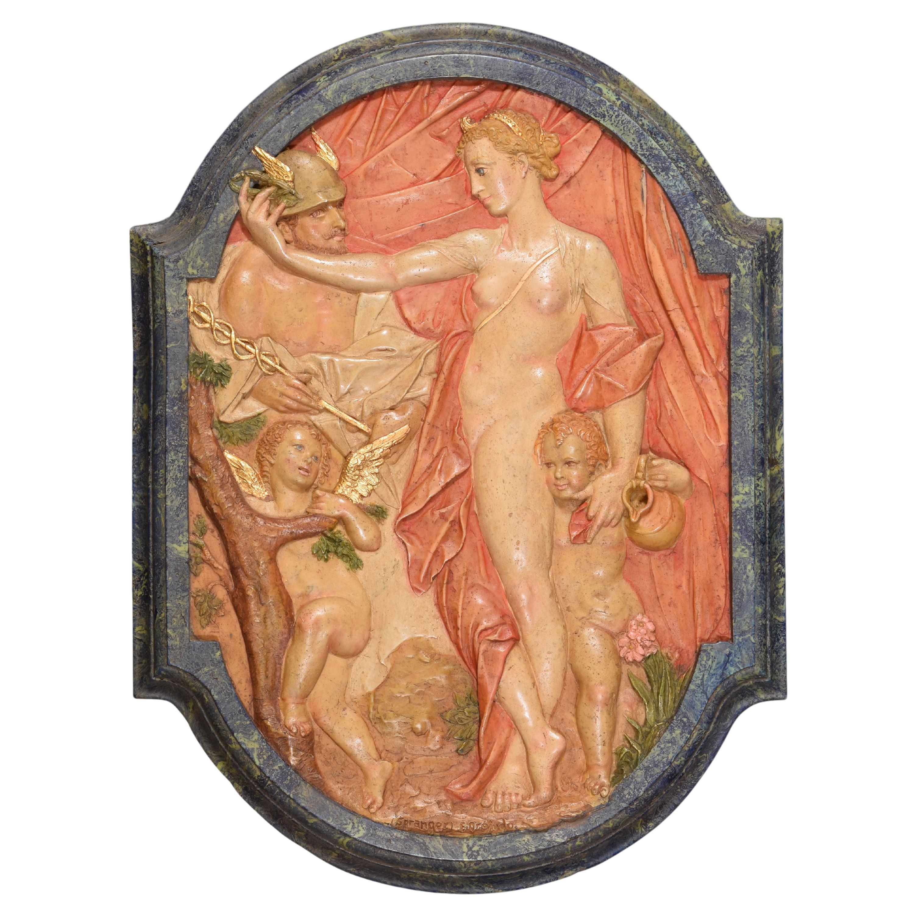 Venus and Mercury, relief. Molded alabaster. 20th century, after Spranger For Sale
