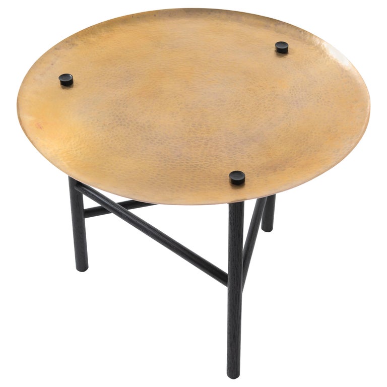 Venus Auxiliar Table, Black Oak Hand Hammered Copper Brass Finish Top For Sale