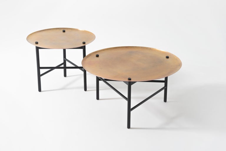 Mexican Venus Auxiliar Tables, Black Oak Structure Hand Hammered Copper Brass Finish Top For Sale