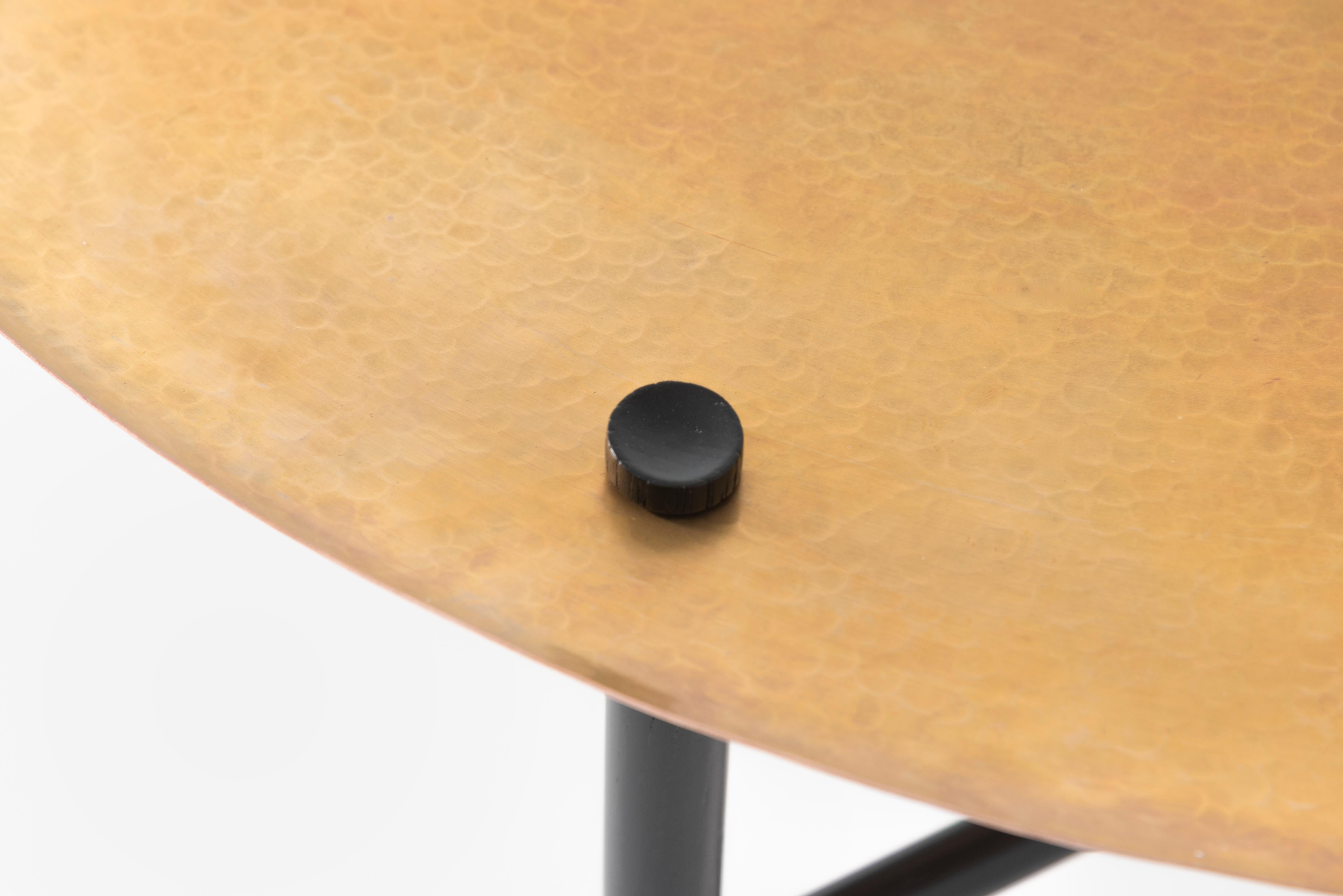 Minimalist Auxiliar Tables, Black Oak Structure Hand Hammered Copper Brass Finish Top For Sale