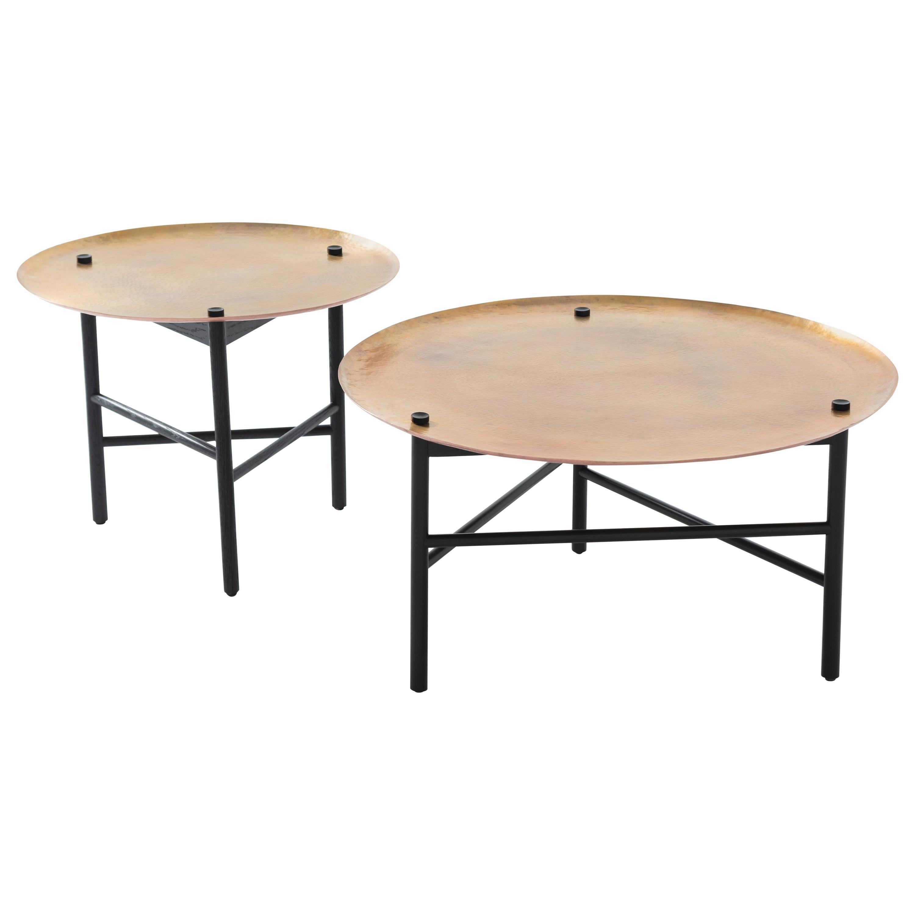 Auxiliar Tables, Black Oak Structure Hand Hammered Copper Brass Finish Top For Sale