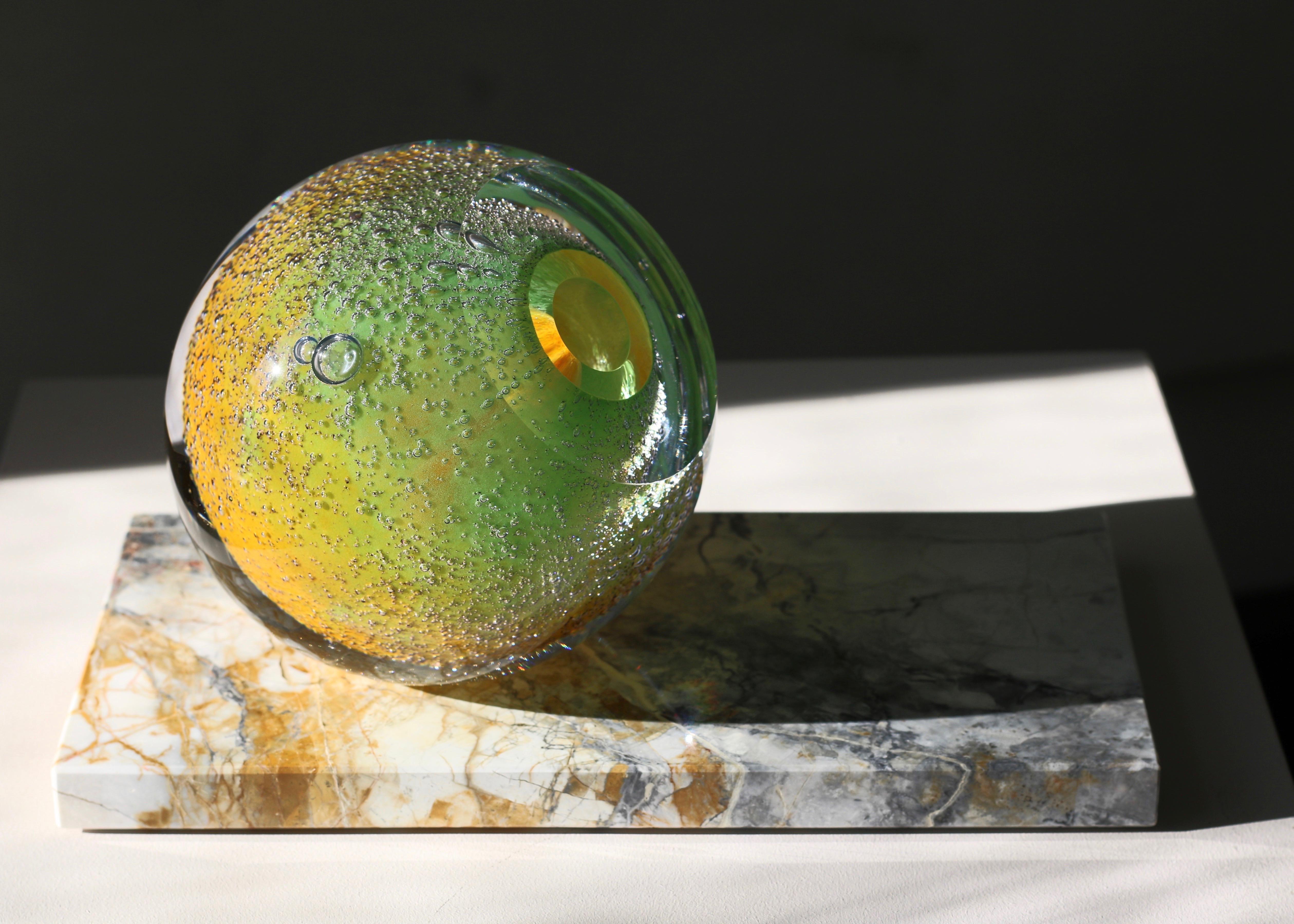 Polished 'Venus Eye' Mouth-Blown Glass Vase on Marble in Bright Green and Yellow For Sale