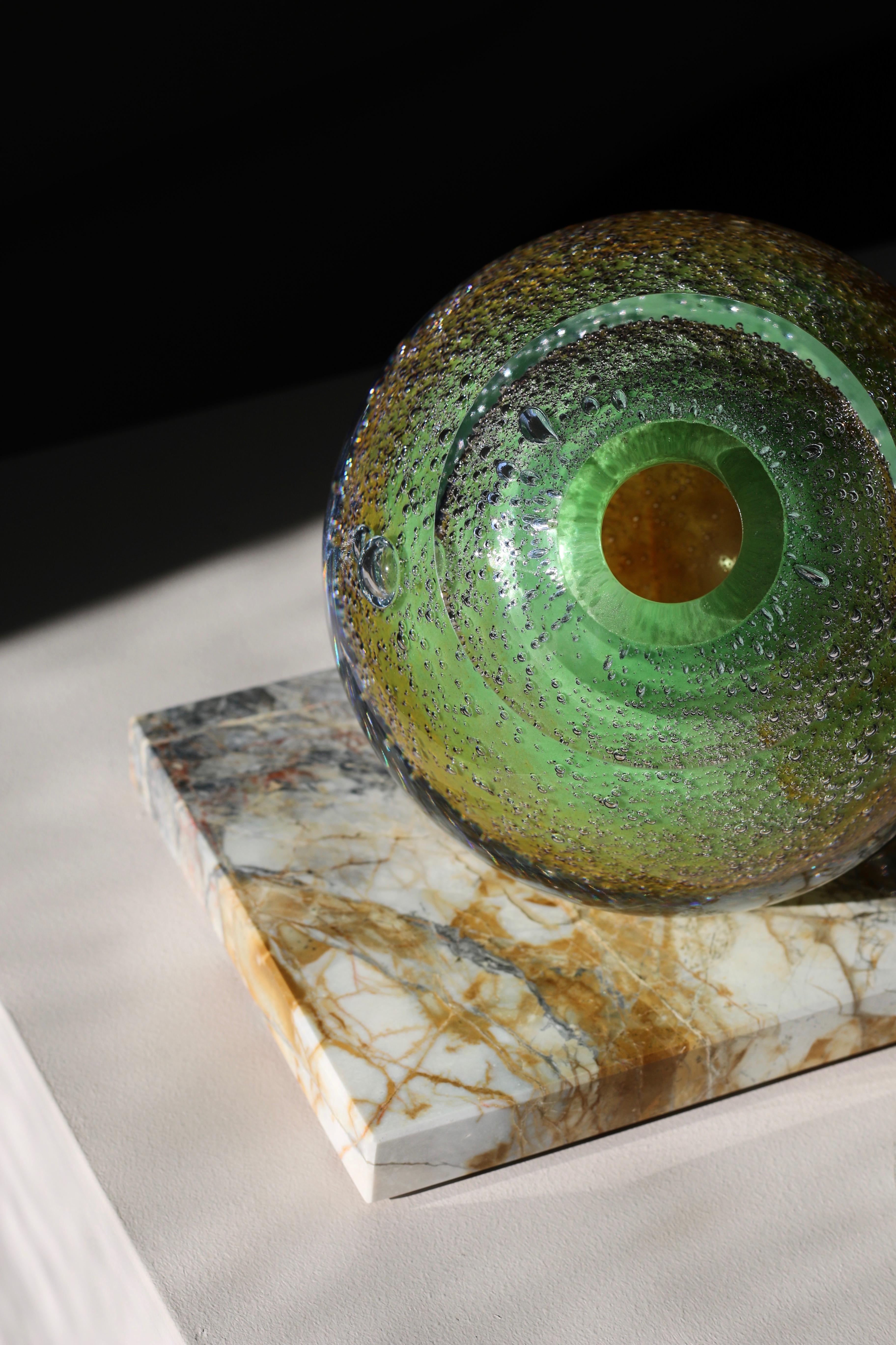 Contemporary 'Venus Eye' Mouth-Blown Glass Vase on Marble in Bright Green and Yellow For Sale