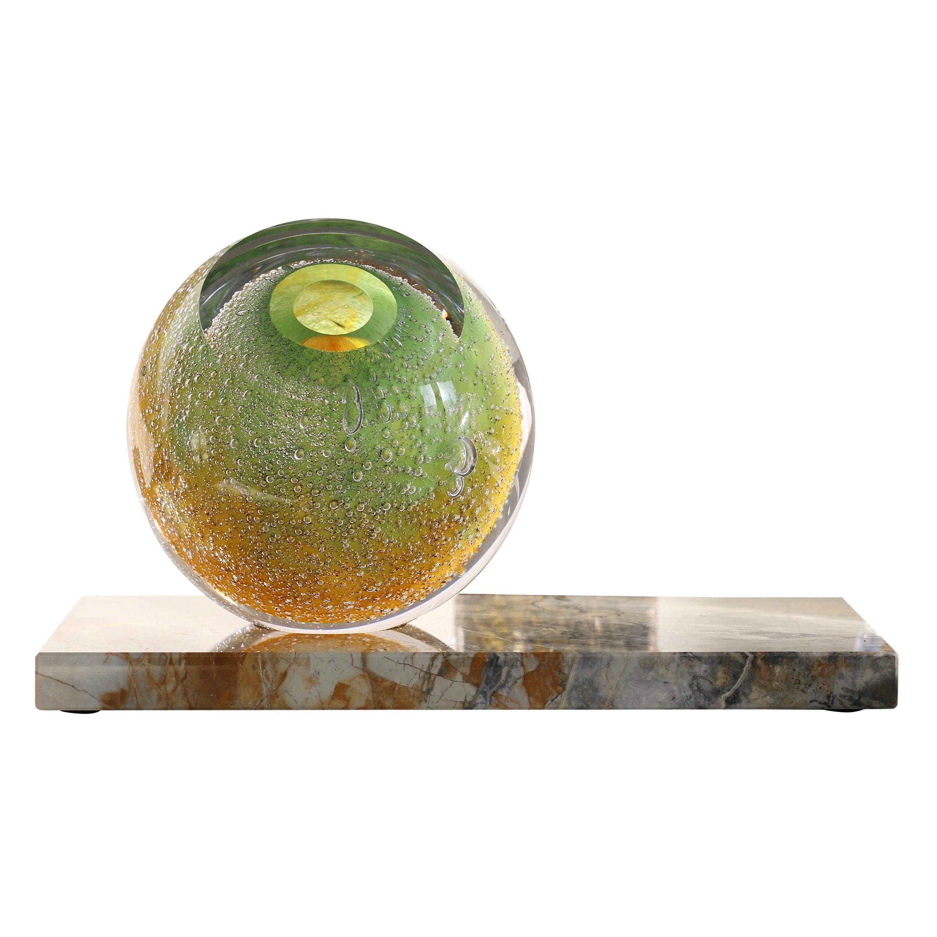 'Venus Eye' Mouth-Blown Glass Vase on Marble in Bright Green and Yellow