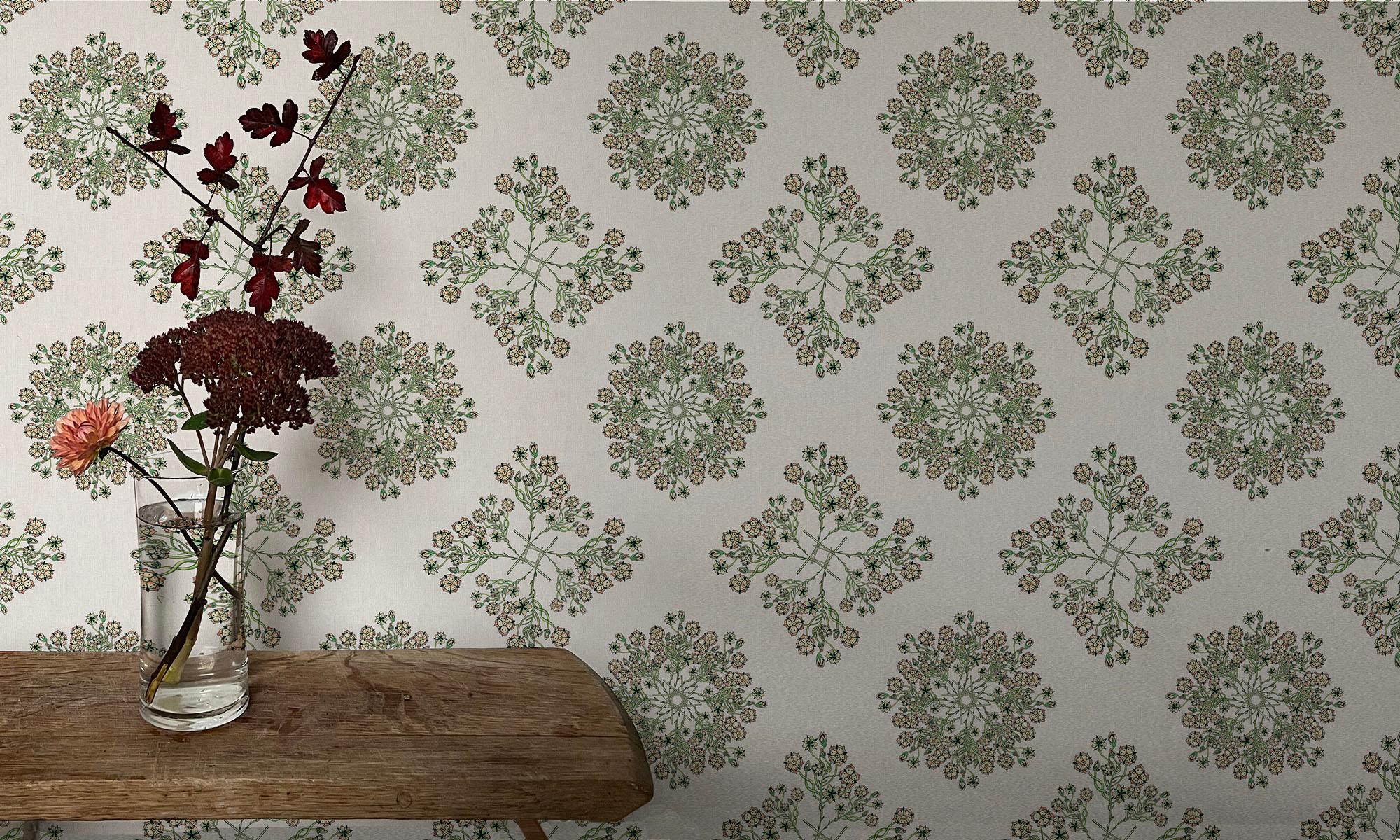 English Venus Flower Wallpaper Geometric Botanical in Natural For Sale