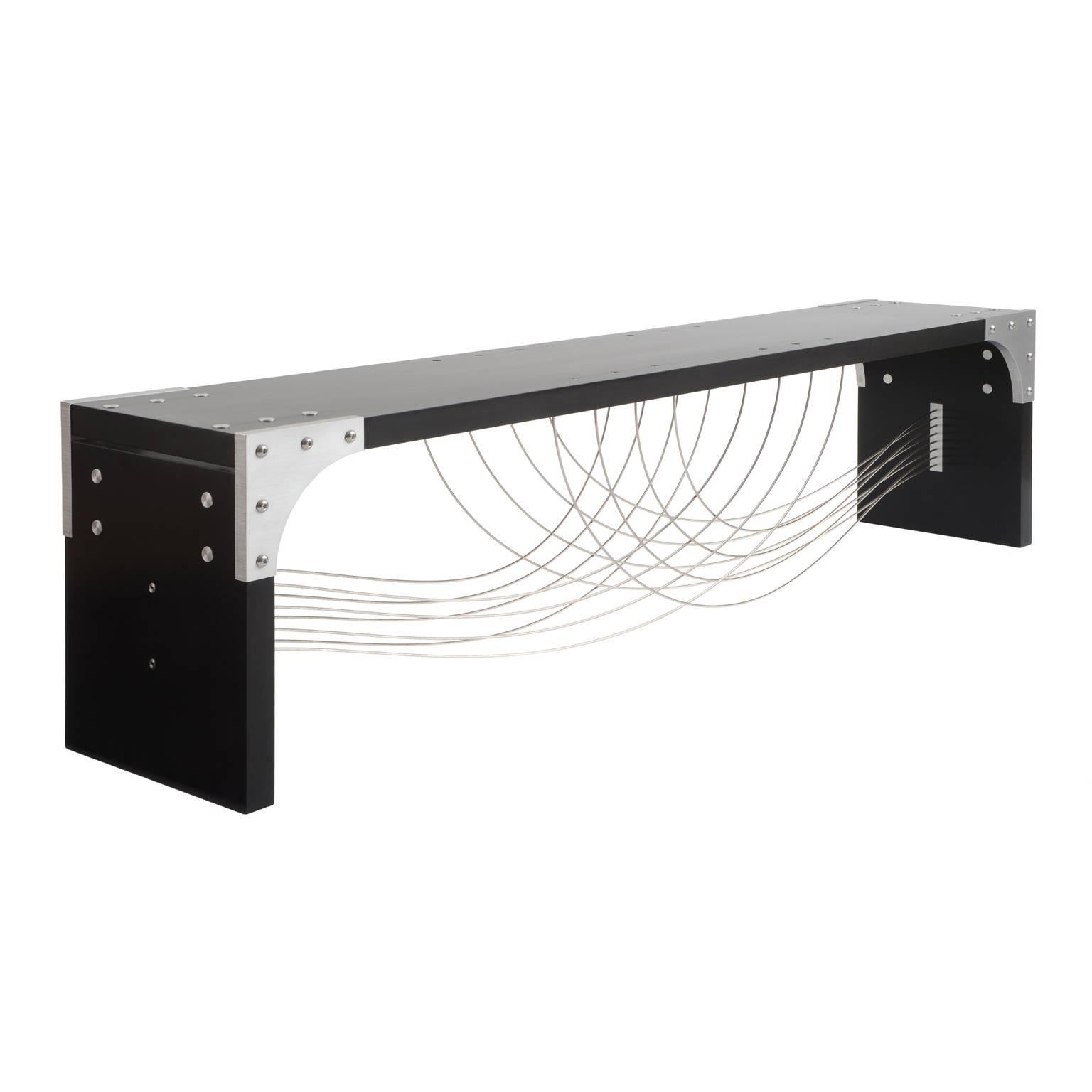 Handmade Modern Bench in Metal and Black Lacquered Wood, In Stock
