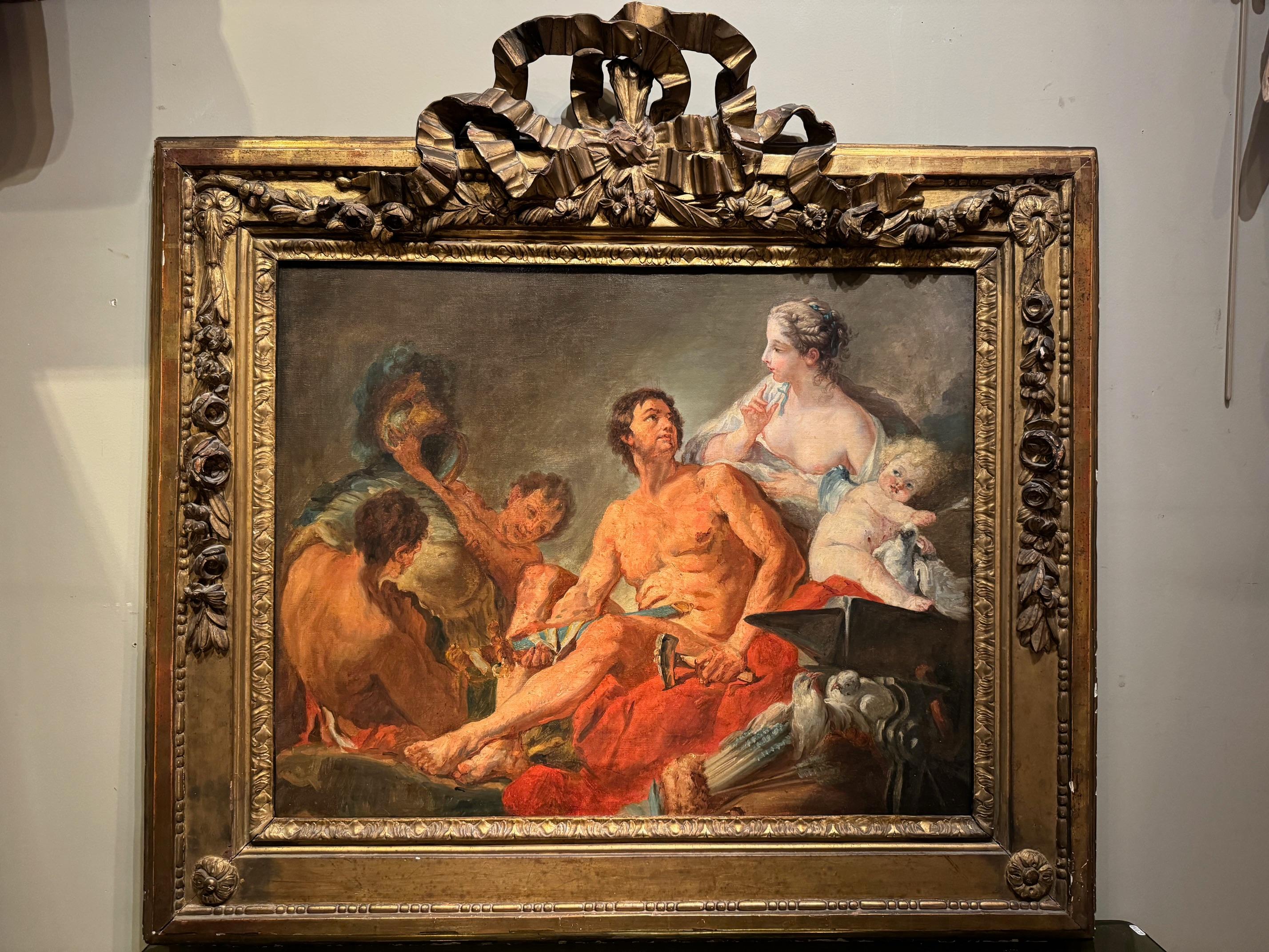 Olio su tela che raffigura la visita di Venere alle fucine di Vulcano. 
Scuola francese della seconda metà del XVIII secolo.
Senza dubbio eseguito da un allievo di François Boucher, morto nel 1770,
Ridotto sul lato sinistro e messo in formato