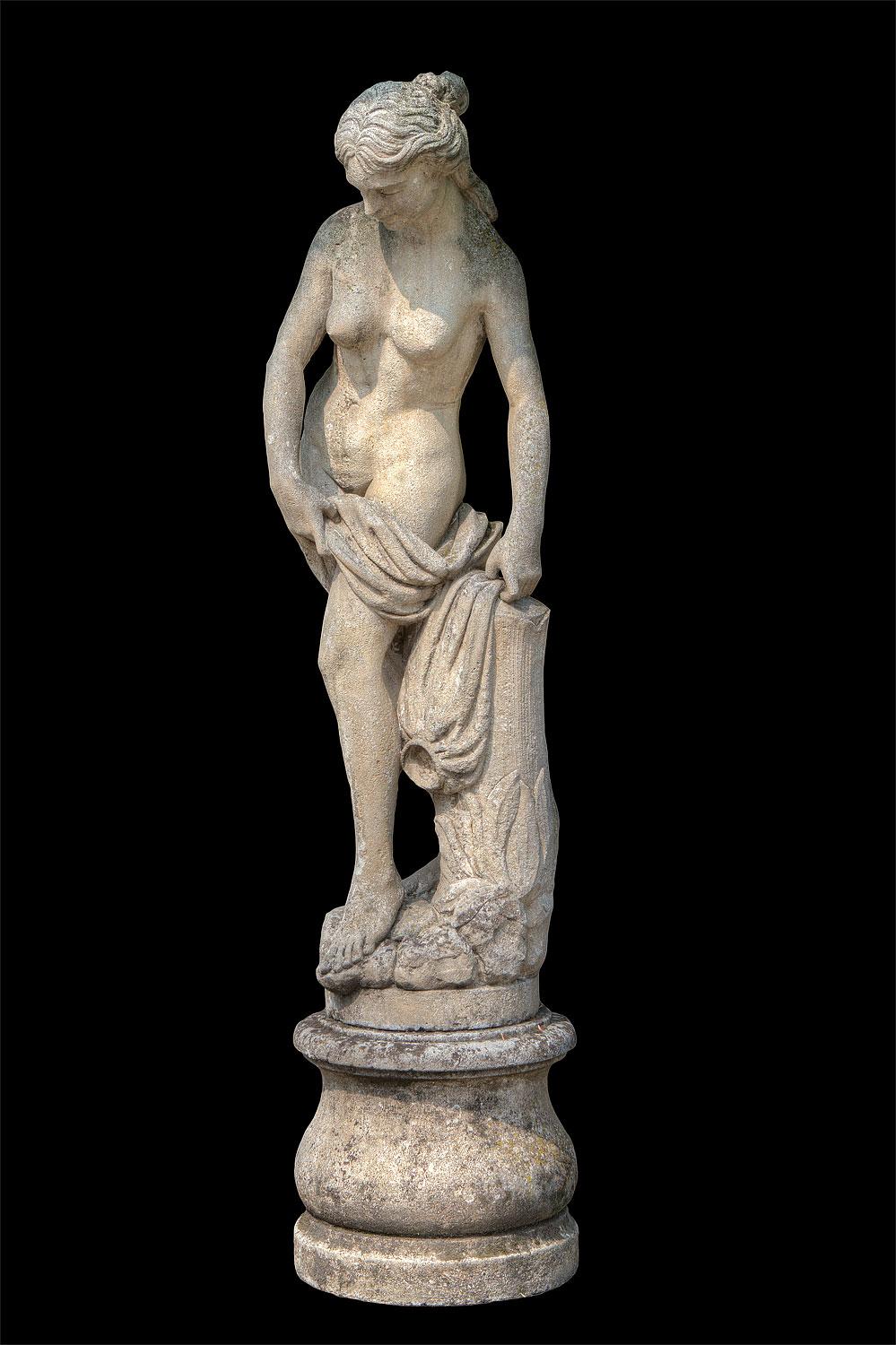 Elegant nude figure of Venus representing the goddess of beauty.
Timeless decoration for your garden or interior.
Provenience from a Venetian Estate.
Size: Base
Height 47cm, diameter 55cm.
Sculpture:
H 165 cm.
Totale
H 212 cm.