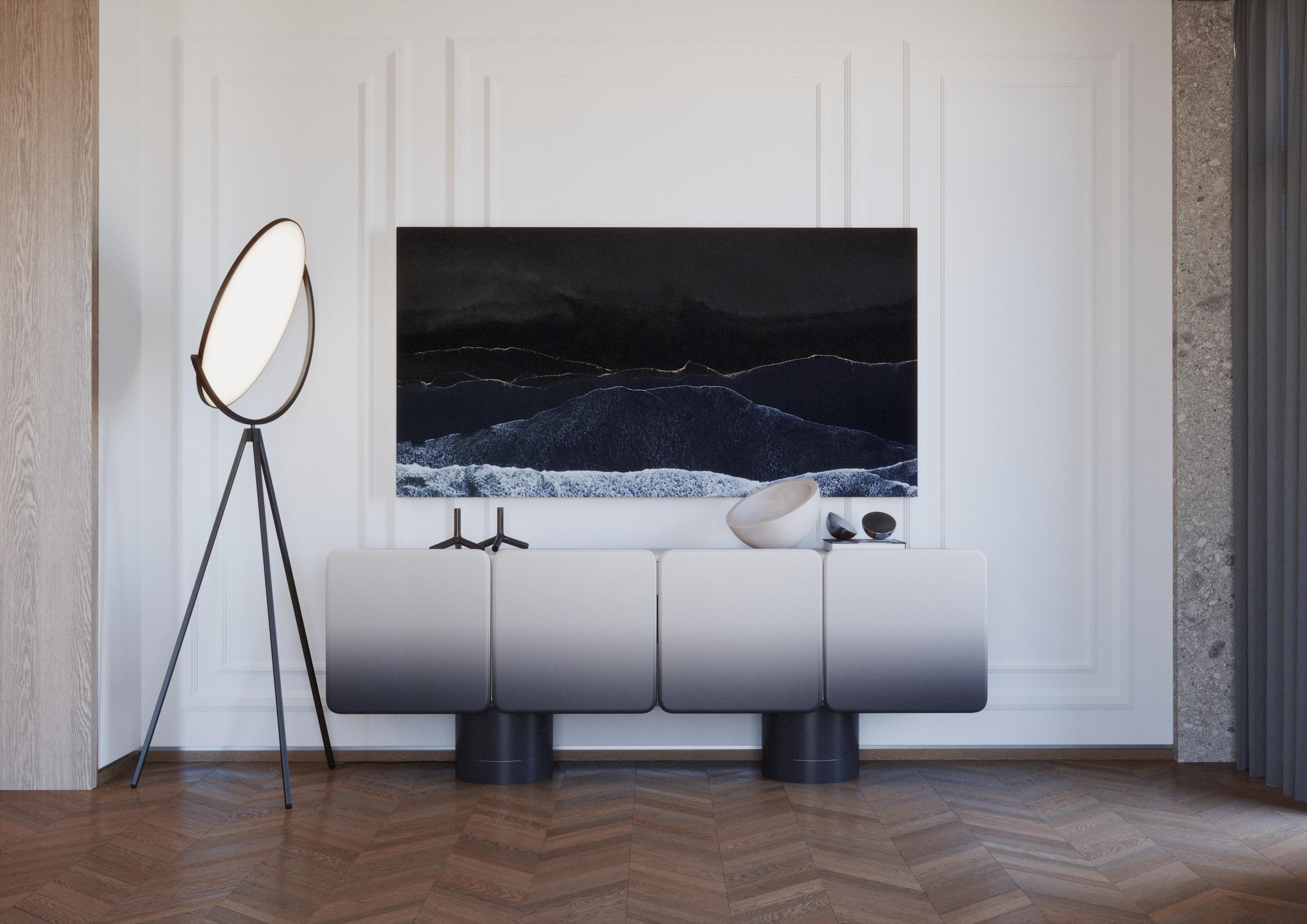 This elegant sideboard features four rounded doors with soft-closing hinges and two stylish round legs. Its design includes beautifully rounded fronts and angles, adding a touch of sophistication also enriched by the internal drawer and shelves. The