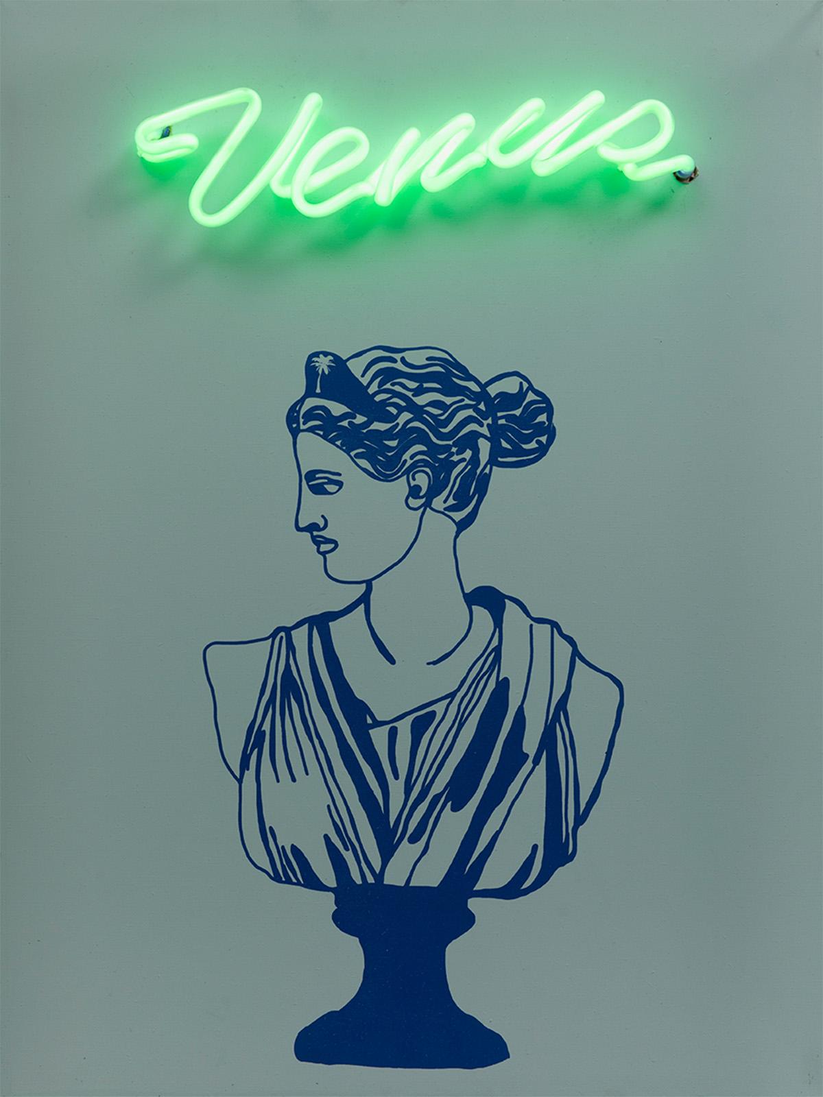 Venus, 2019  Paloma Castello 
From the series Neon Classics
Screen printing with neon lights
Dimensions: 24 H in x 18.1 W x 5.9 D in. 
Edition 6/10

In her work She likes to bring life to objects or icons from the past, intervening in them a bit,