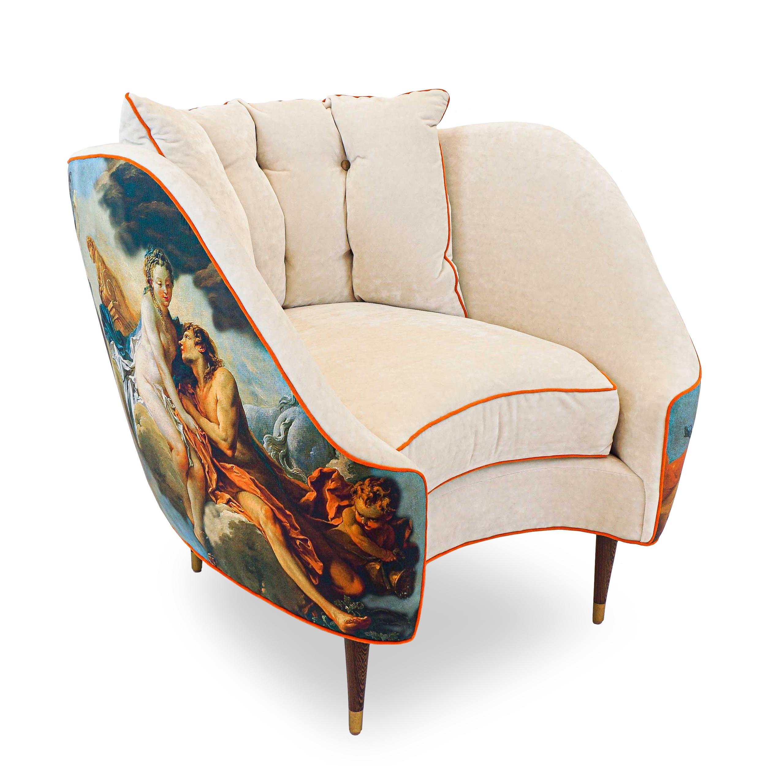 This highly original bucket style chair showcases our novel use of form in furniture design and disruptive fabric arrangements. Covered in a combination of a Pierre Frey printed fabric in an adaptation of a classical artwork and a soft creamy cut