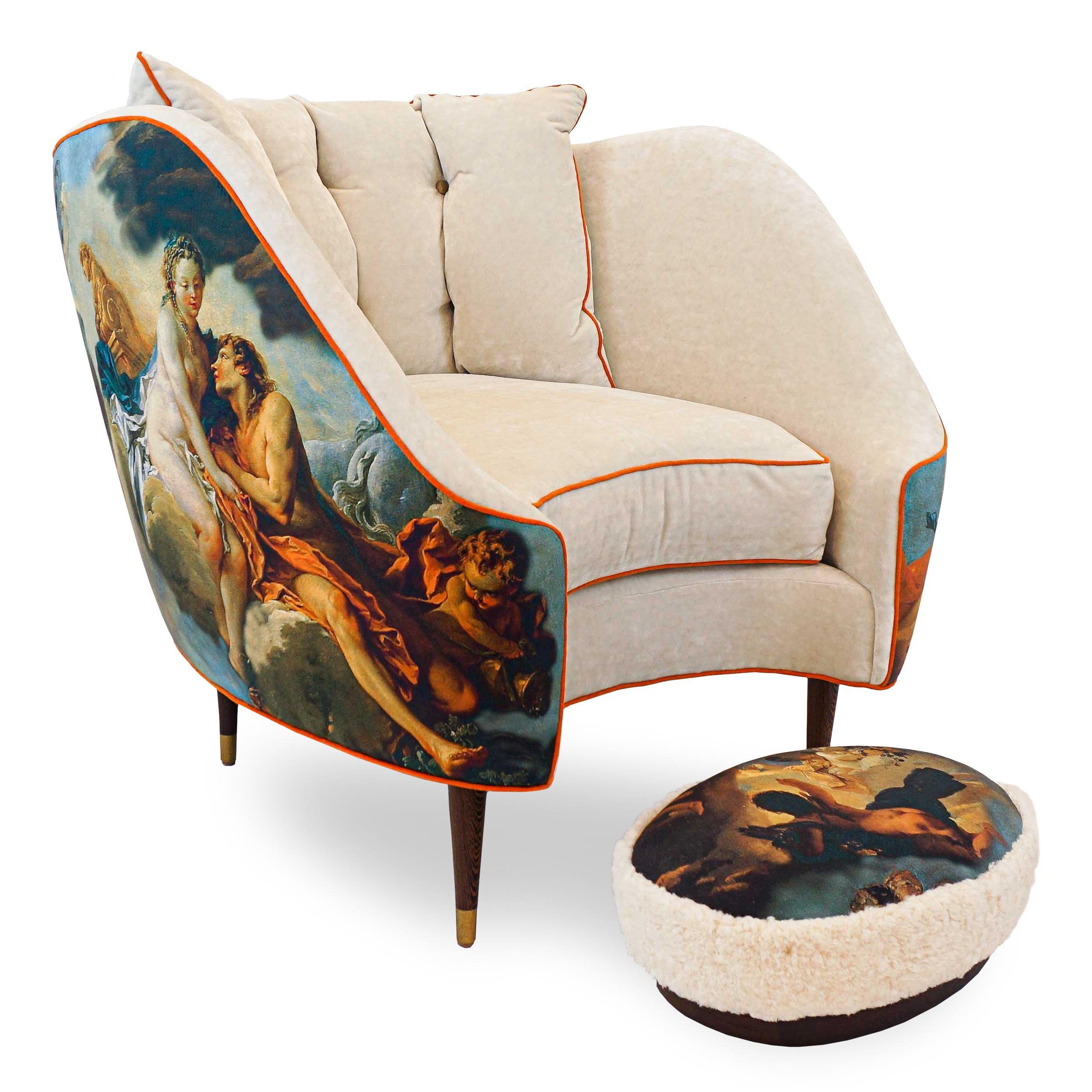 American Venus Painting Bucket Style Chair with Velvet Interior For Sale