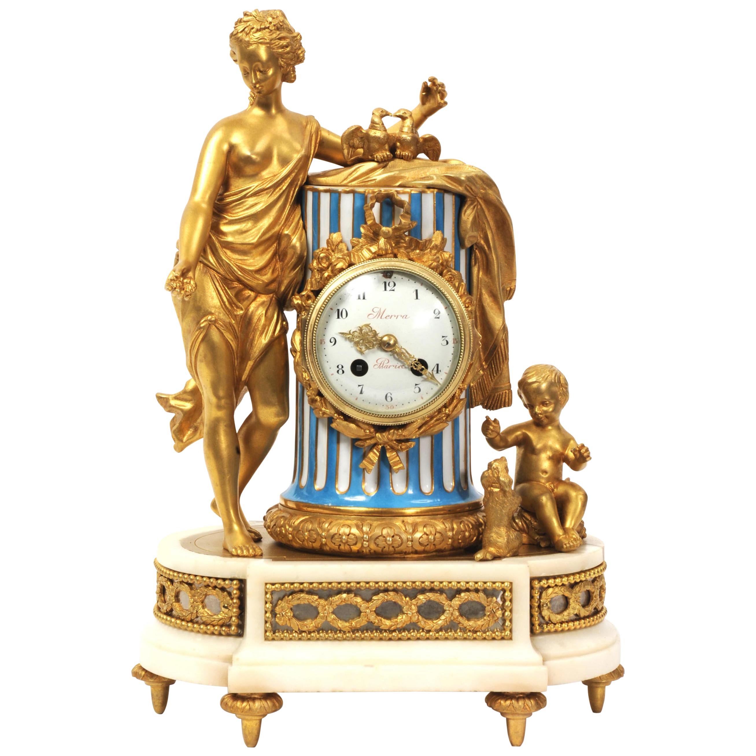 Venus, Putto and a Dog, Antique French Sèvres Porcelain and Ormolu Clock