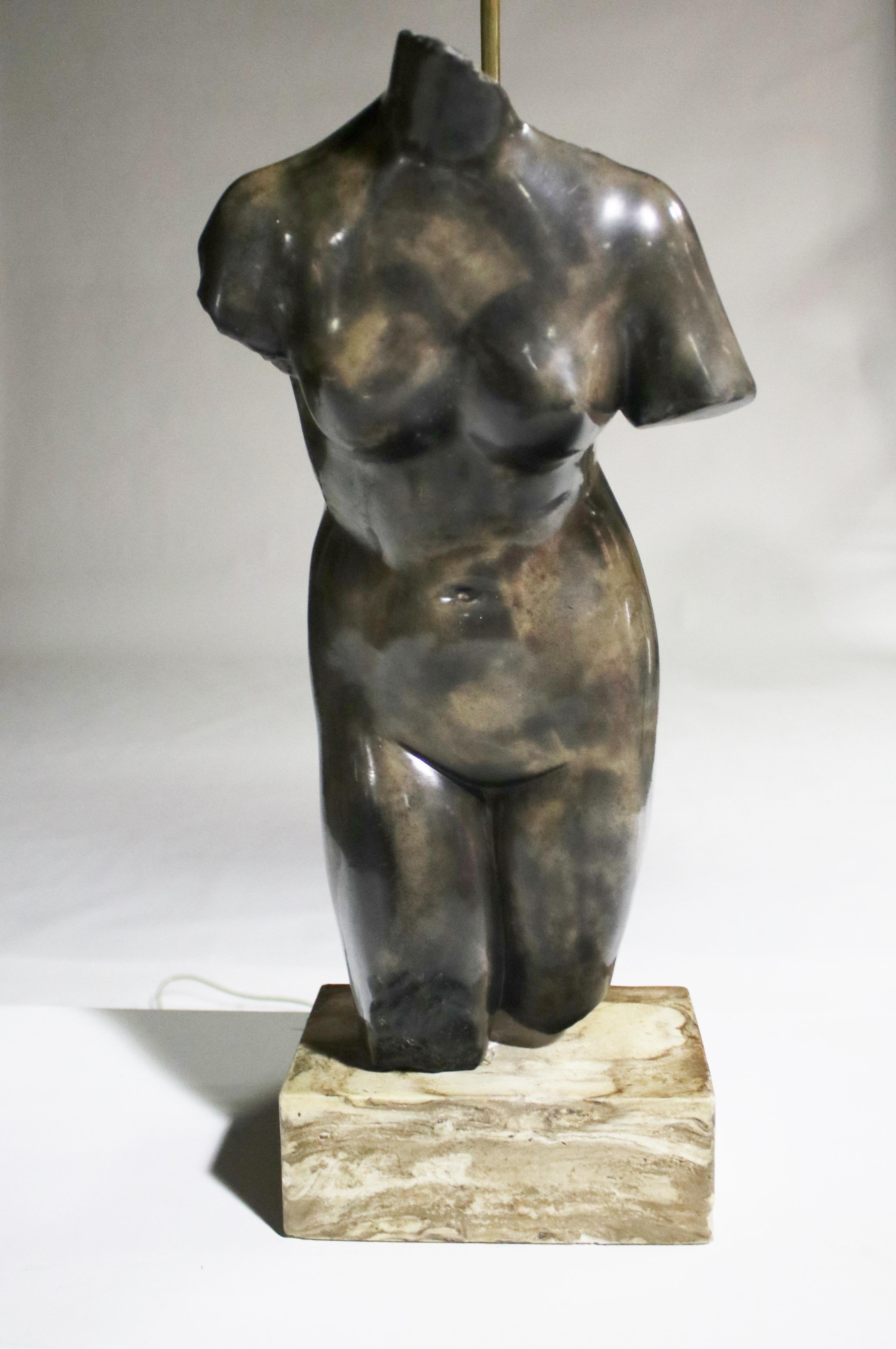 20th century modern Venus torso bust mounted as a lamp and made from cast polished stone/marble. Sculpture is removable from the plinth and shade not included for ease of shipment.