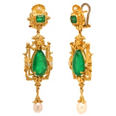 13.69ct Emerald, Diamond, Pearl & 18k Yellow Gold Antique Style Dangle Earrings