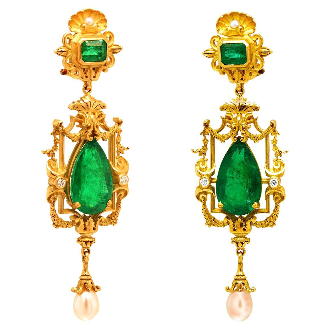 13.69ct Emerald, Diamond, Pearl & 18k Yellow Gold Antique Style Dangle Earrings