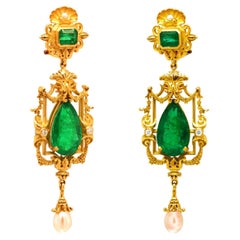 Emeralds Pearls and Diamonds gold earrings 