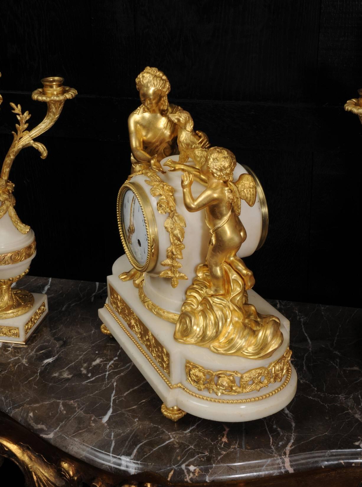 Venus with Amour and Dog, Superb Ormolu and White Mable Clock Set, circa 1900 1