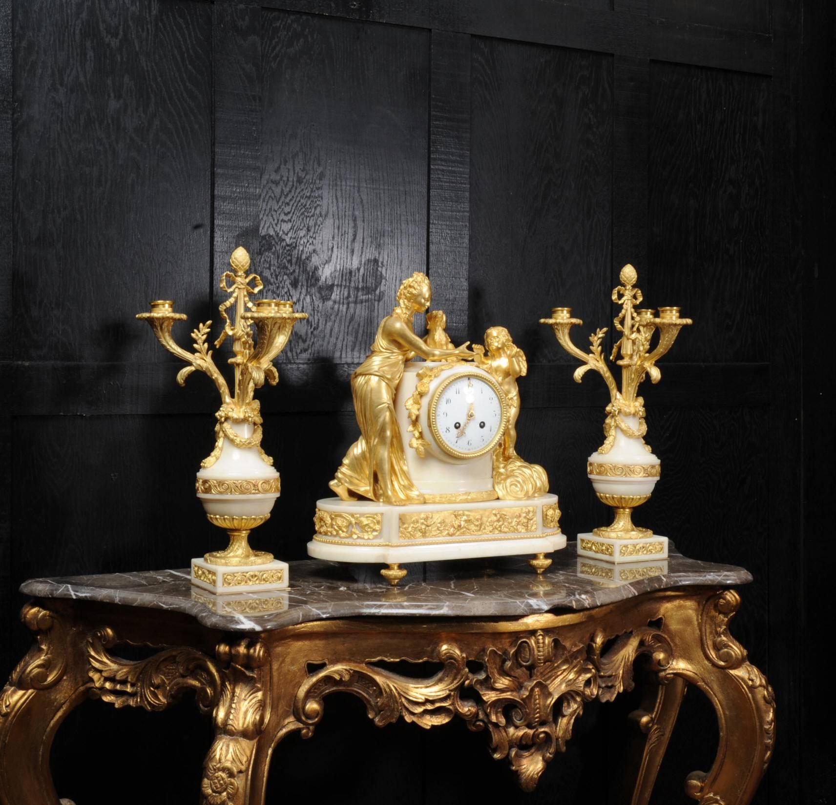 Louis XVI Venus with Amour and Dog, Superb Ormolu and White Mable Clock Set, circa 1900