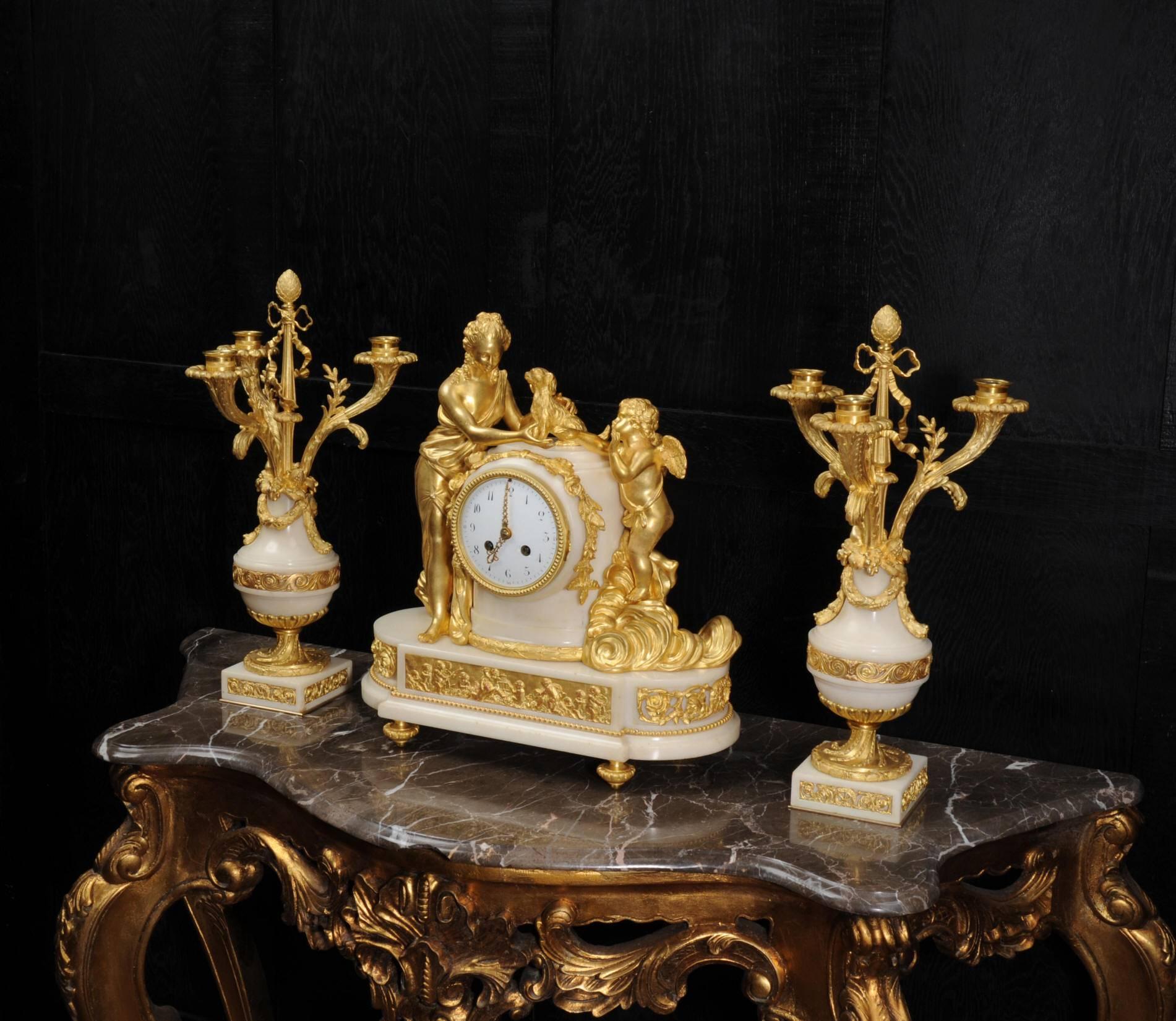 French Venus with Amour and Dog, Superb Ormolu and White Mable Clock Set, circa 1900