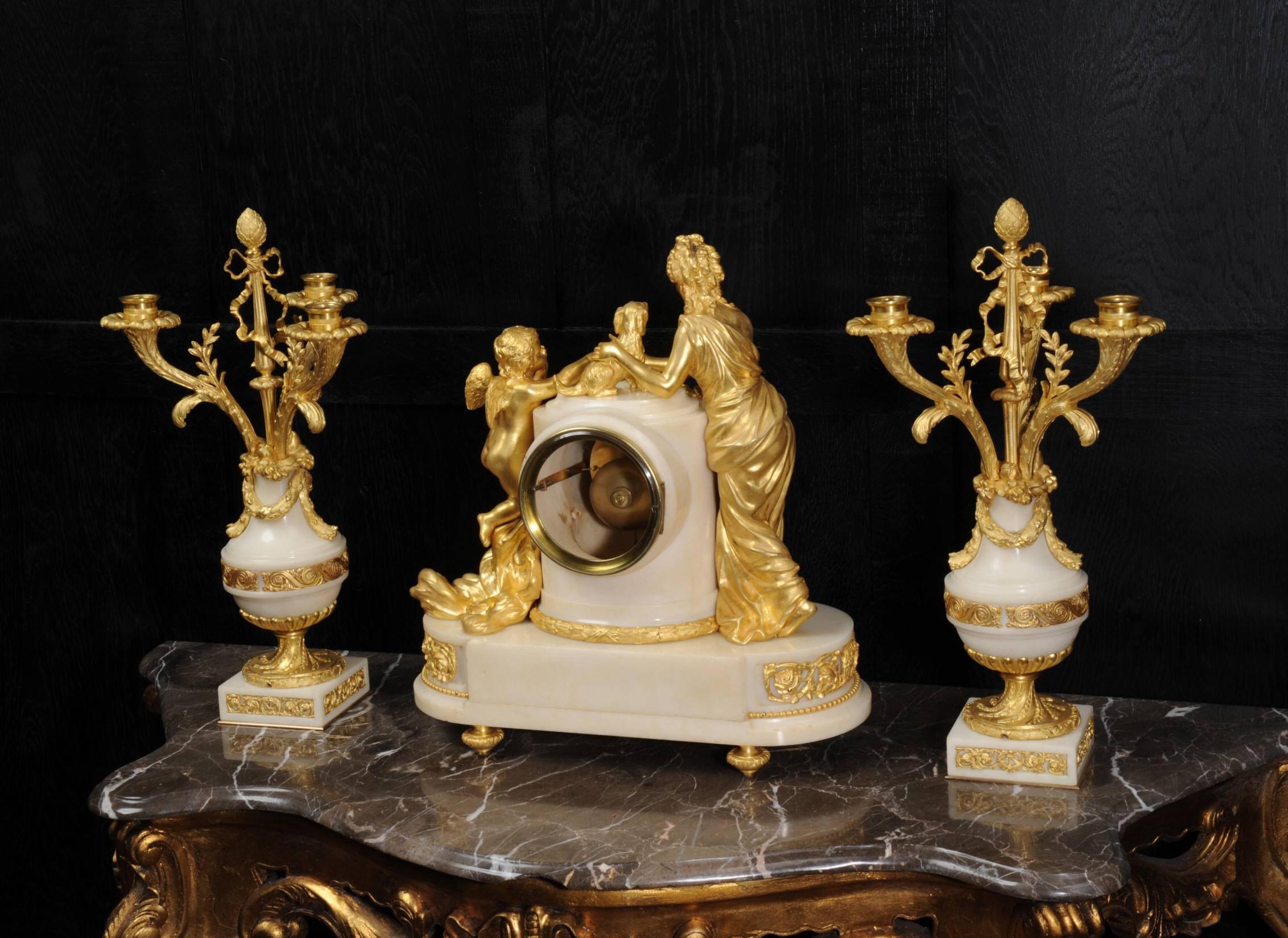 Carved Venus with Amour and Dog, Superb Ormolu and White Mable Clock Set, circa 1900