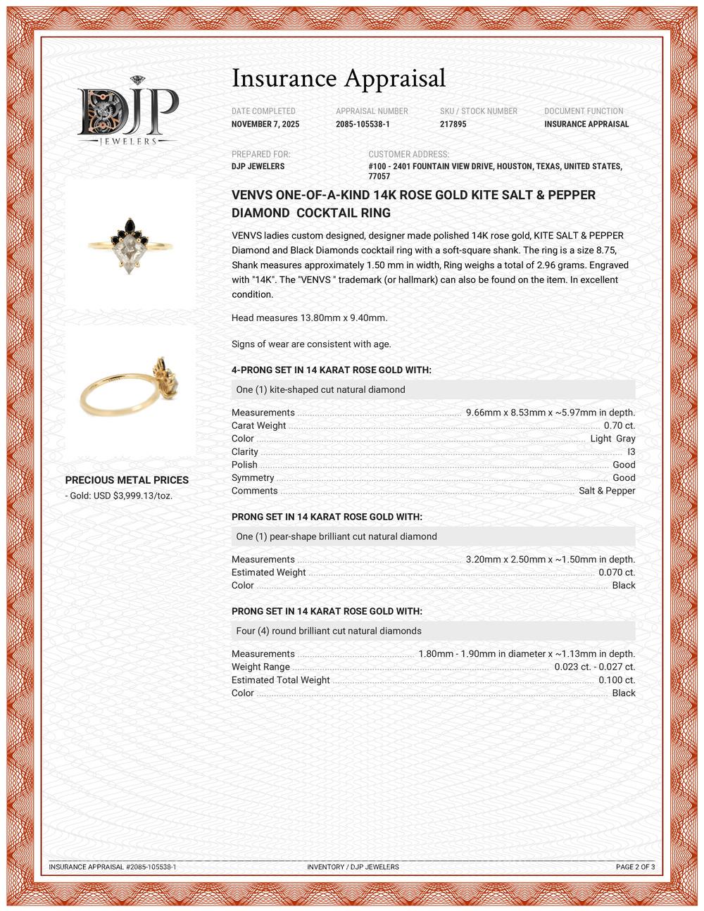 Venvs One-Of-A-Kind Bague de cocktail en or rose 14K avec diamants Salt & Pepper Kite en vente 5