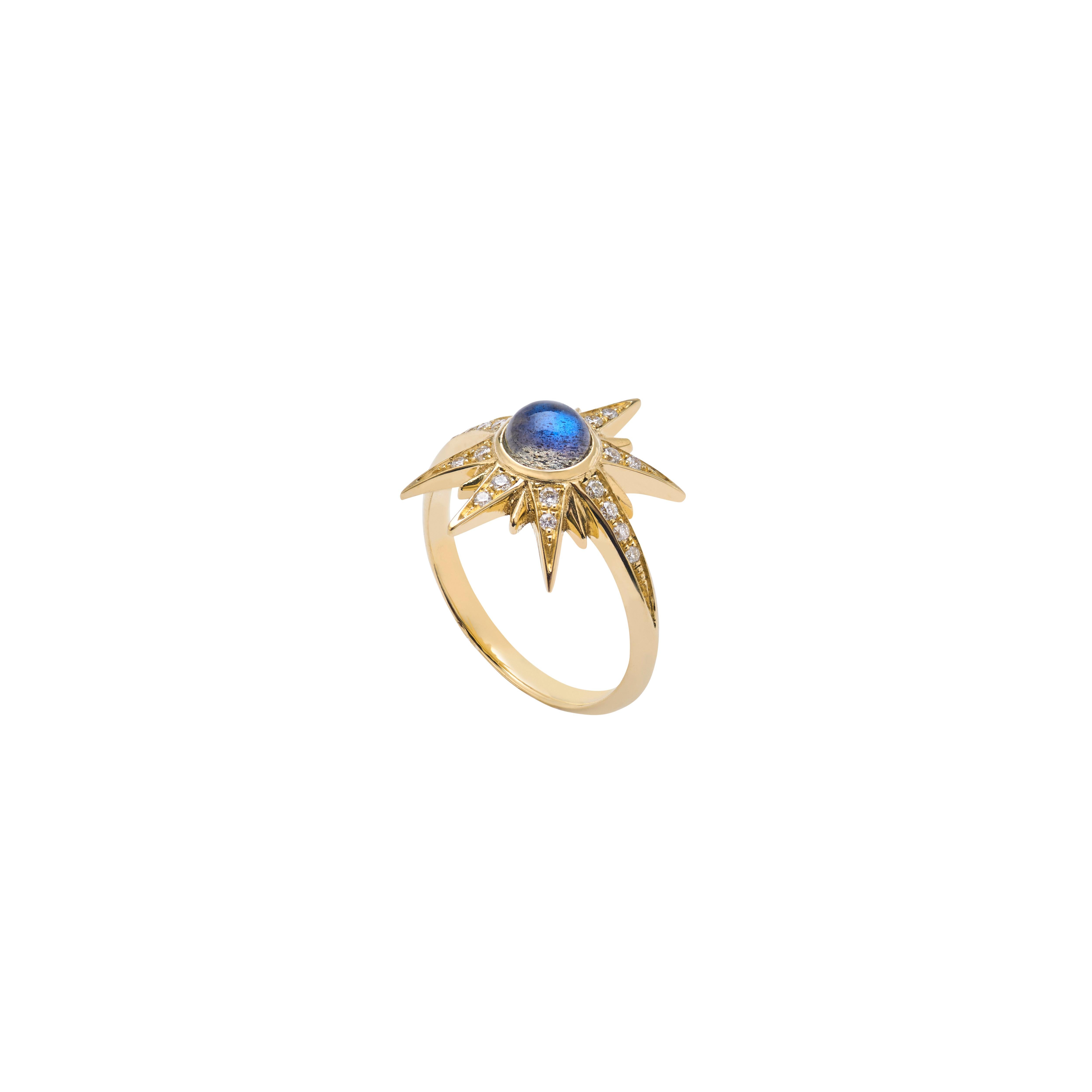 Ring sizes 46 available.
(Alternative sizes available on a made to order basis, with an estimated delivery time of 4-6 weeks)

18k Yellow Gold approx. 2.5gr, 20 Diamonds 0.10ct and 1 Labradorite 0.37ct

The Sun pieces are a presentation of the