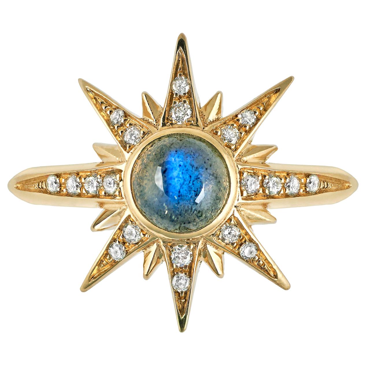 Venyx 18 Karat Gold Diamond Labradorite Solis Pinky Ring For Sale