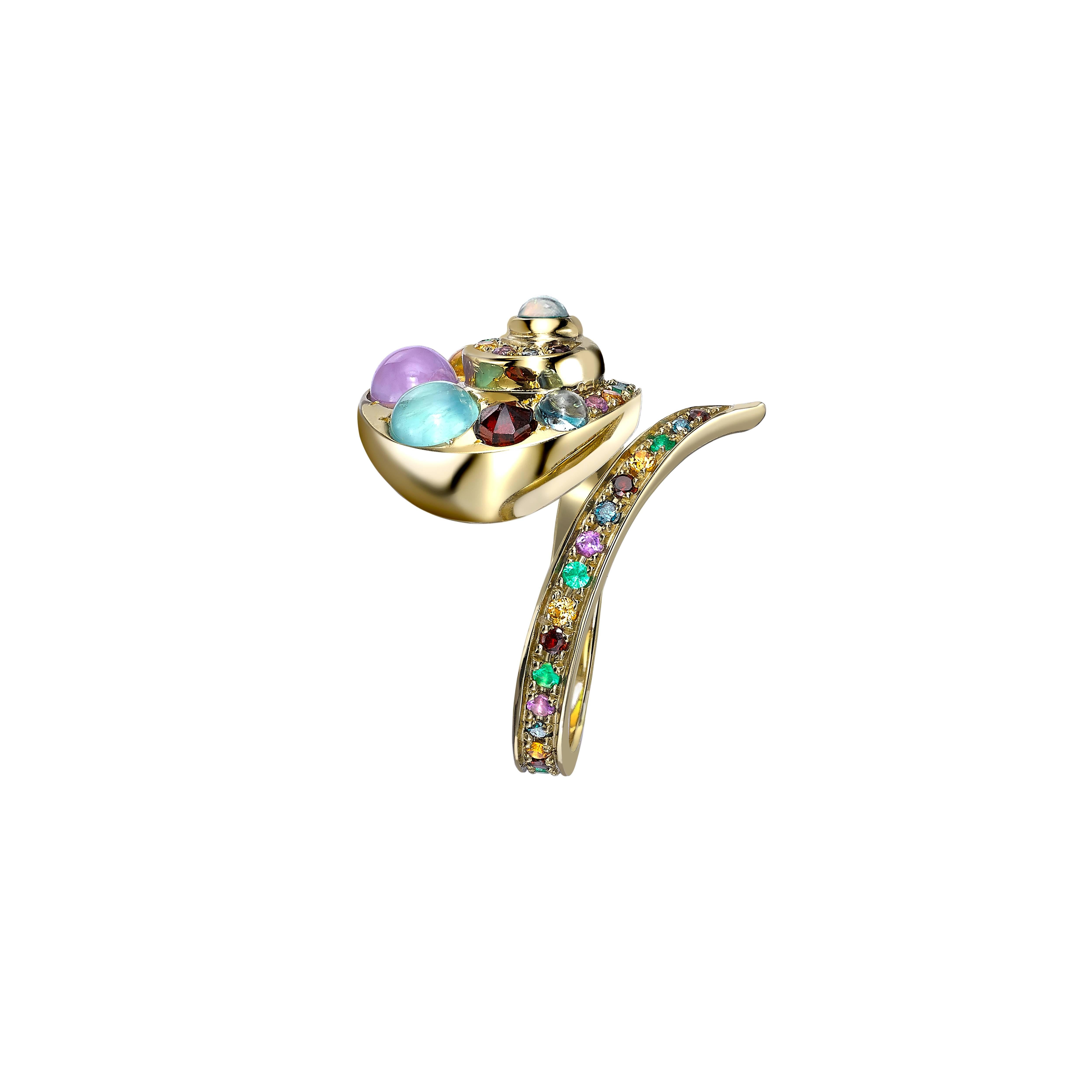 Contemporary Venyx 18 Karat Gold Diamond Opal Emerald Colored Stone Moonshell Ring For Sale