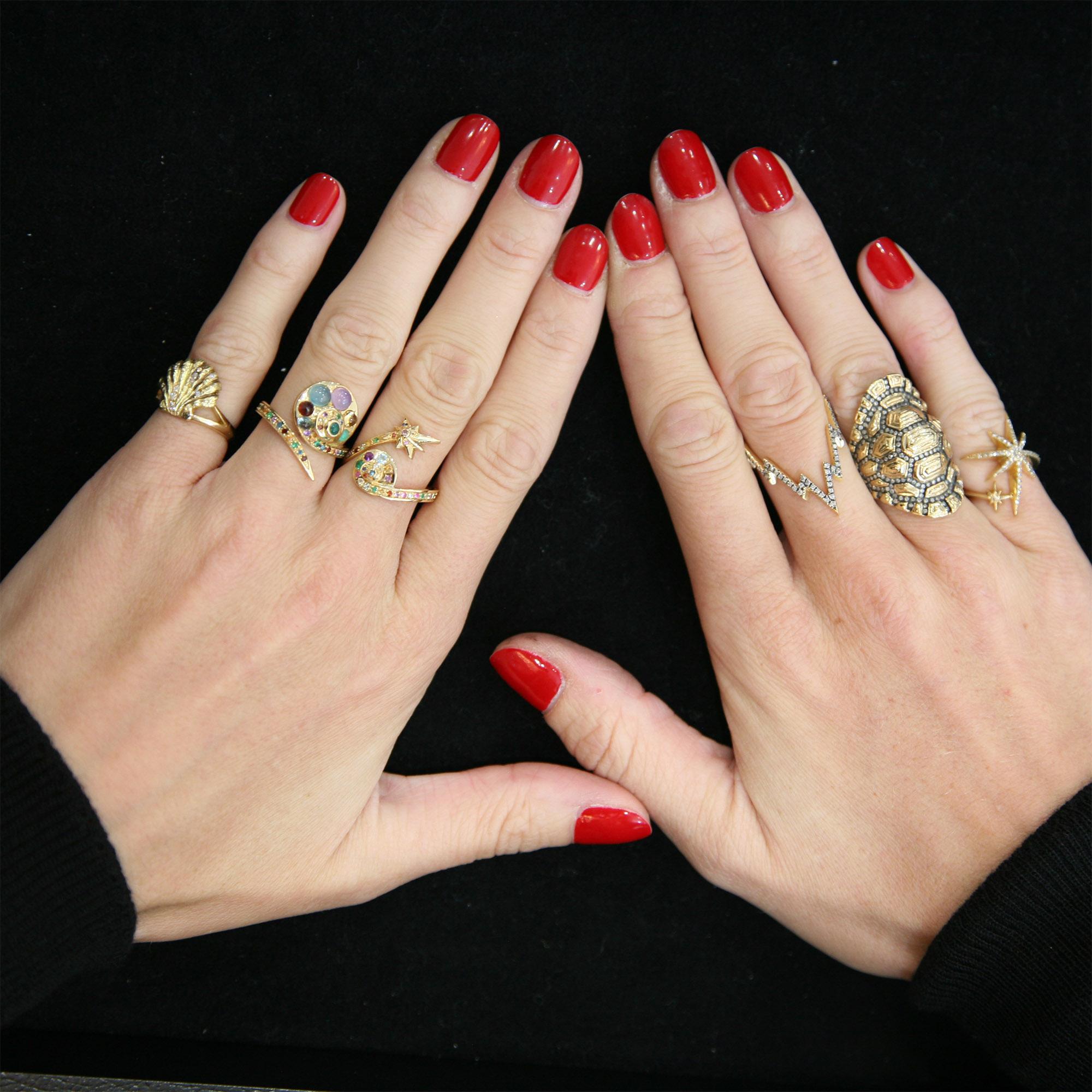 Women's or Men's Venyx 18 Karat Gold Diamond Opal Emerald Colored Stone Moonshell Ring For Sale