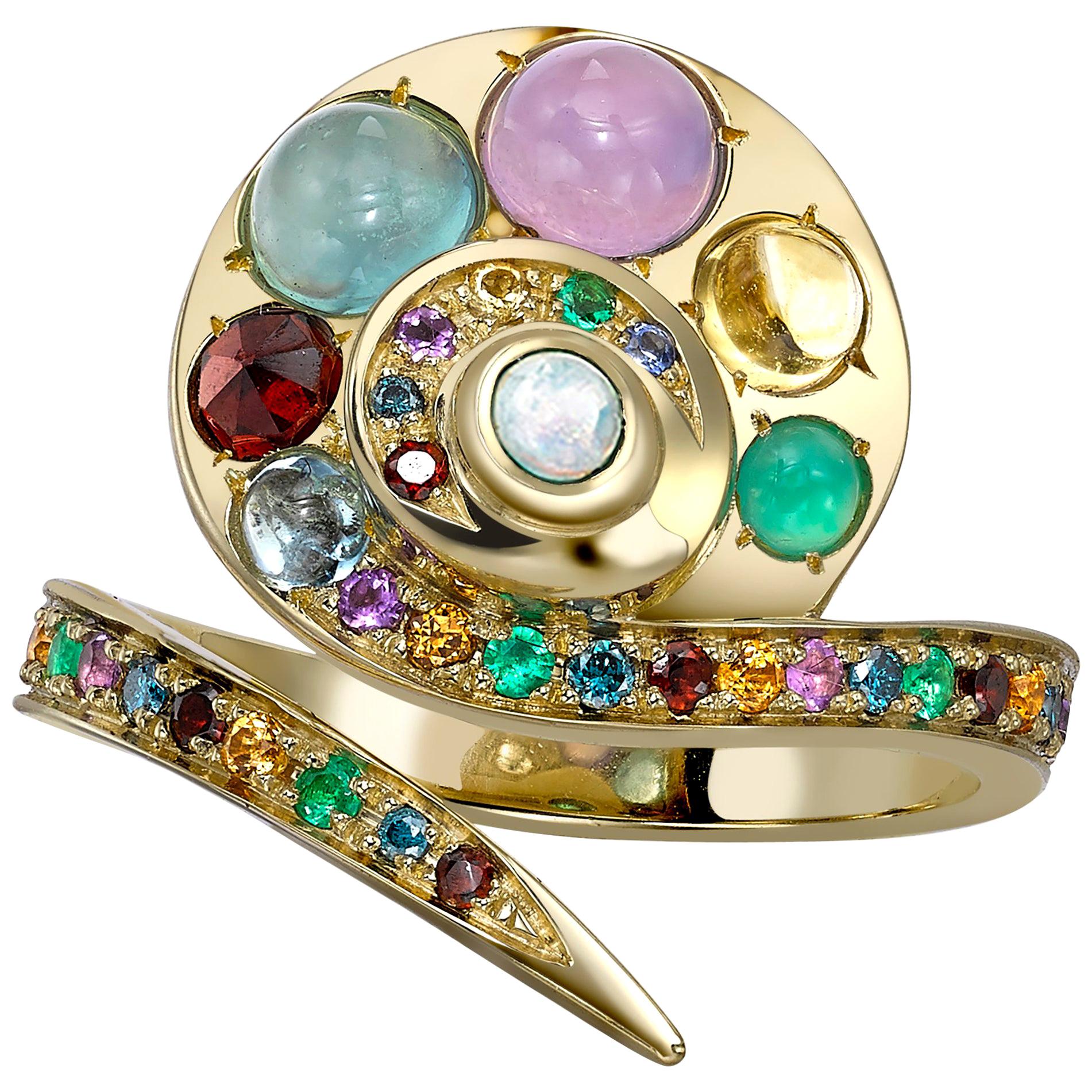 Venyx 18 Karat Gold Diamond Opal Emerald Colored Stone Moonshell Ring For Sale