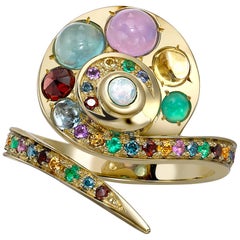 Venyx 18 Karat Gold Diamond Opal Emerald Colored Stone Moonshell Ring