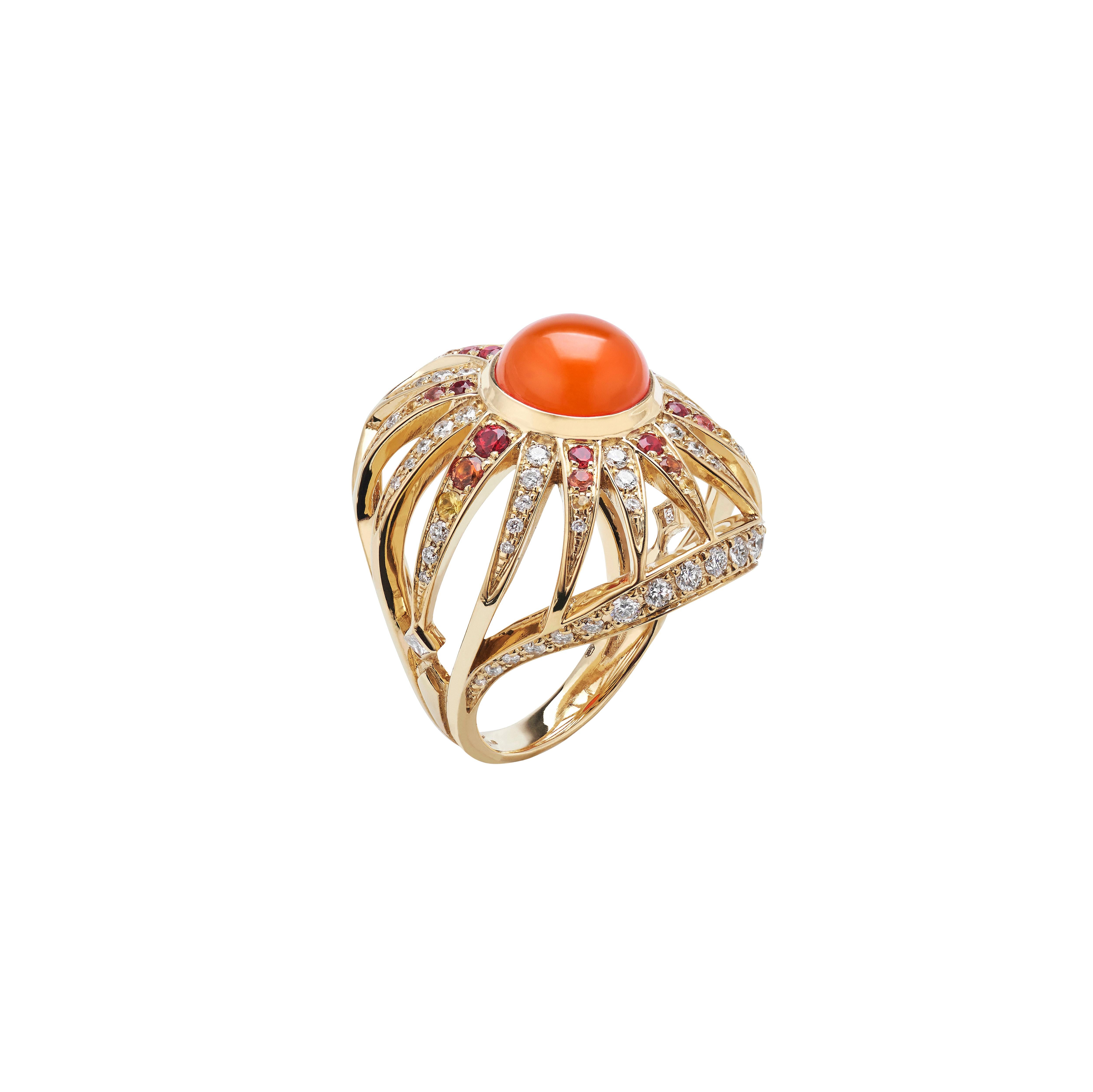 Ring size 52 & 54 available.
(Alternative sizes available on a made to order basis, with an estimated delivery time of 4-6 weeks)

18k Yellow Gold approx. 13gr, 82 Diamonds 0.95ct, 1 Carnelian 2.37ct, 16 Orange Sapphires 0.35ct & 10 Yellow Sapphires