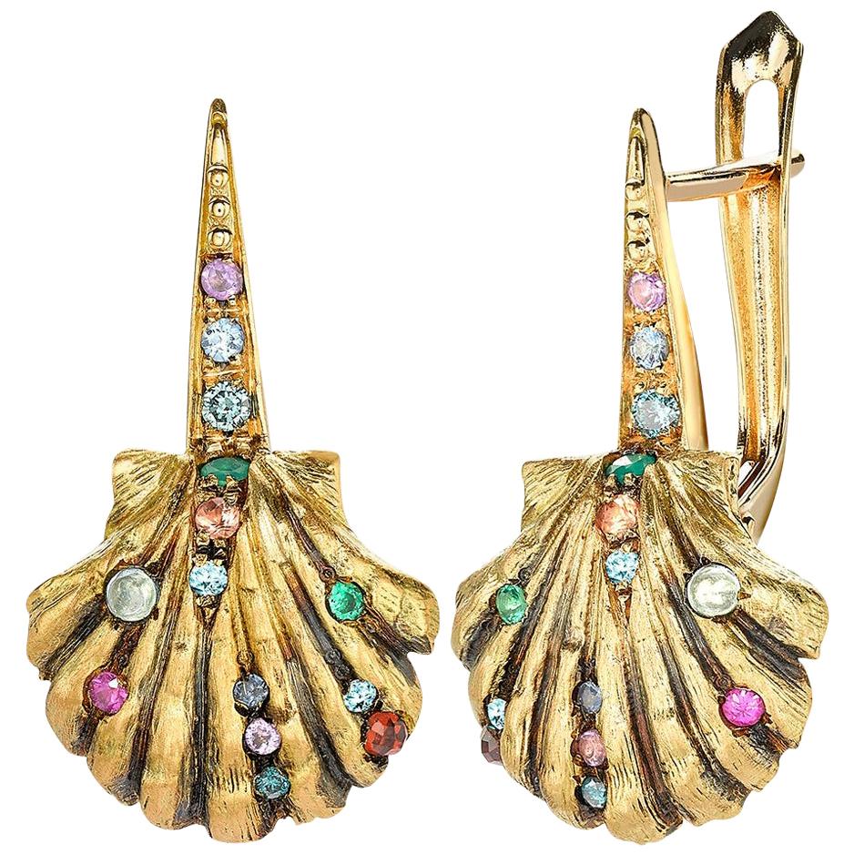 Venyx 18 Karat Gold Diamond Sapphire Colored Stone Rainbow Lady V Earrings For Sale