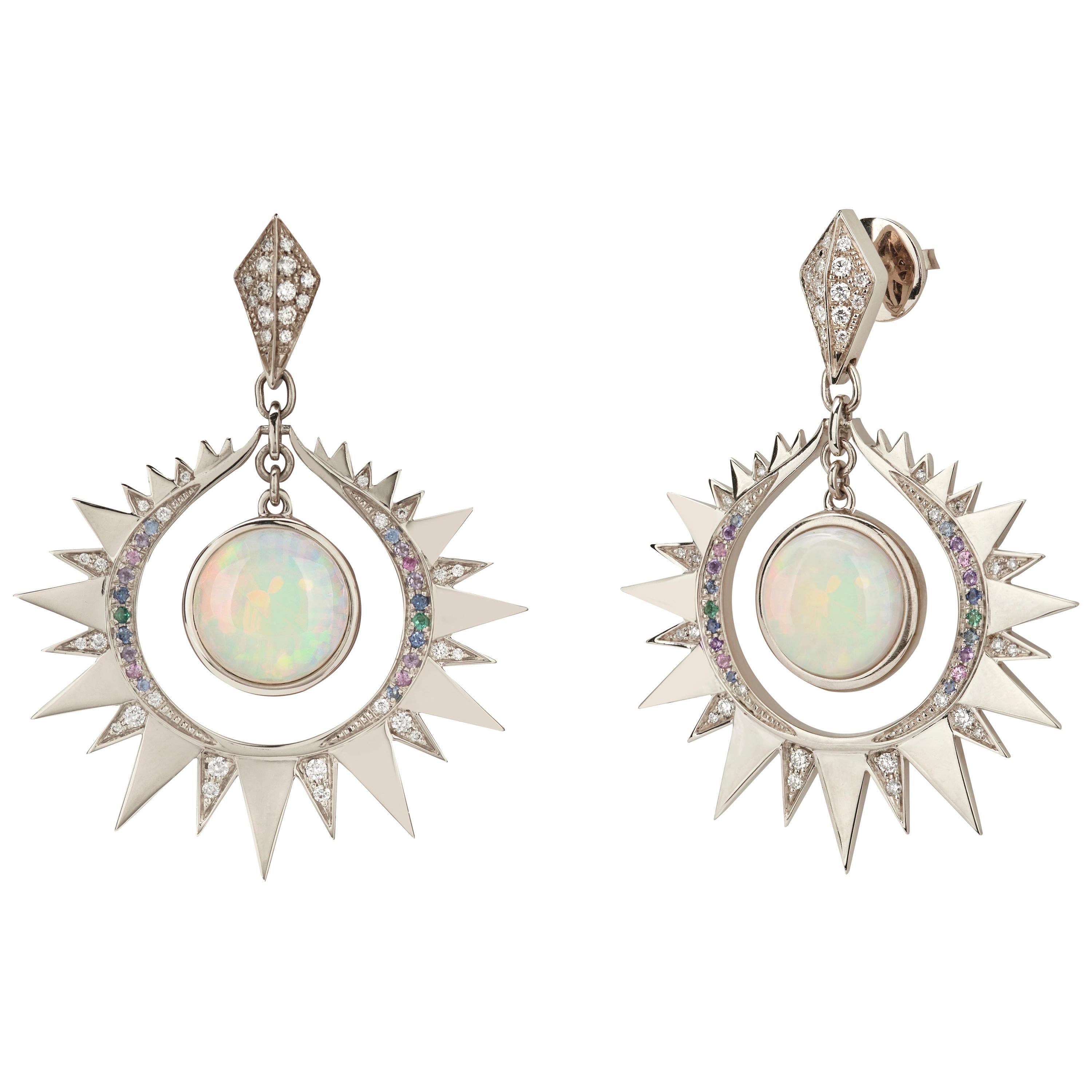 Venyx 18 Karat Gold Diamond Sapphire Opal Aruna Earrings For Sale