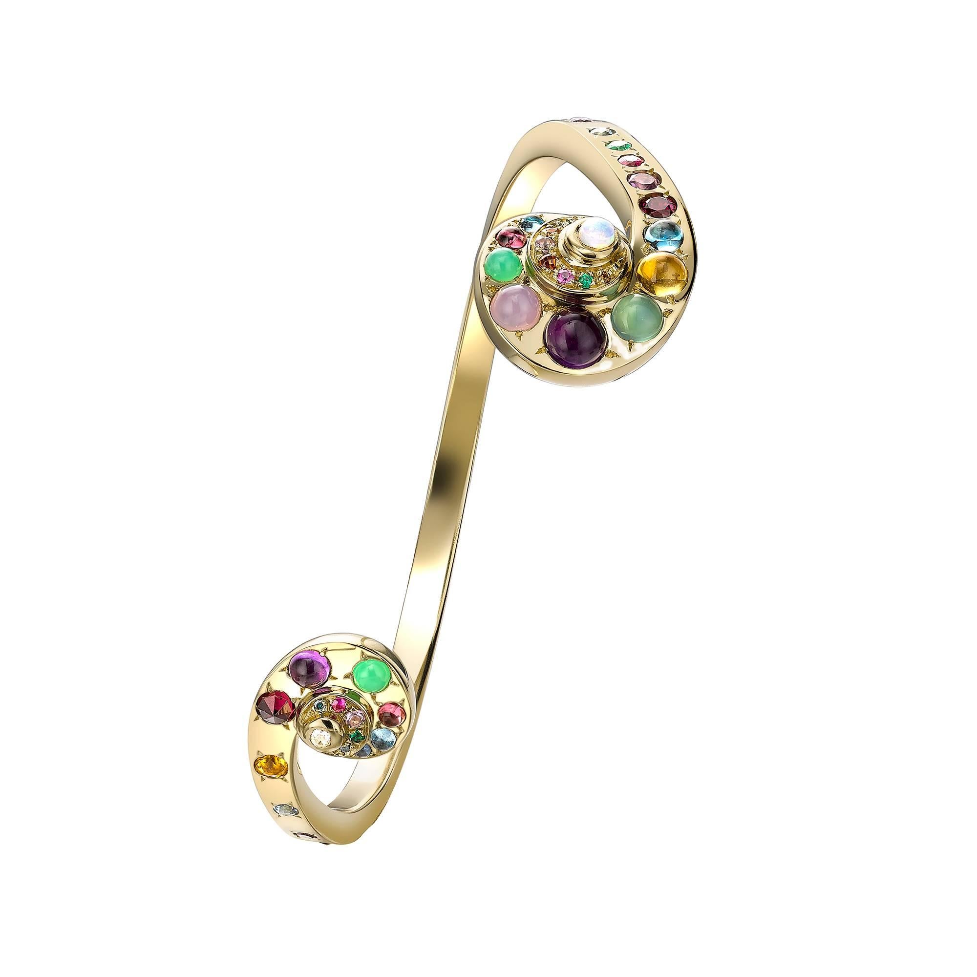 Contemporary Venyx 18 Karat Gold Diamond Sapphire Coloured Stone Moonshell Bangle Bracelet