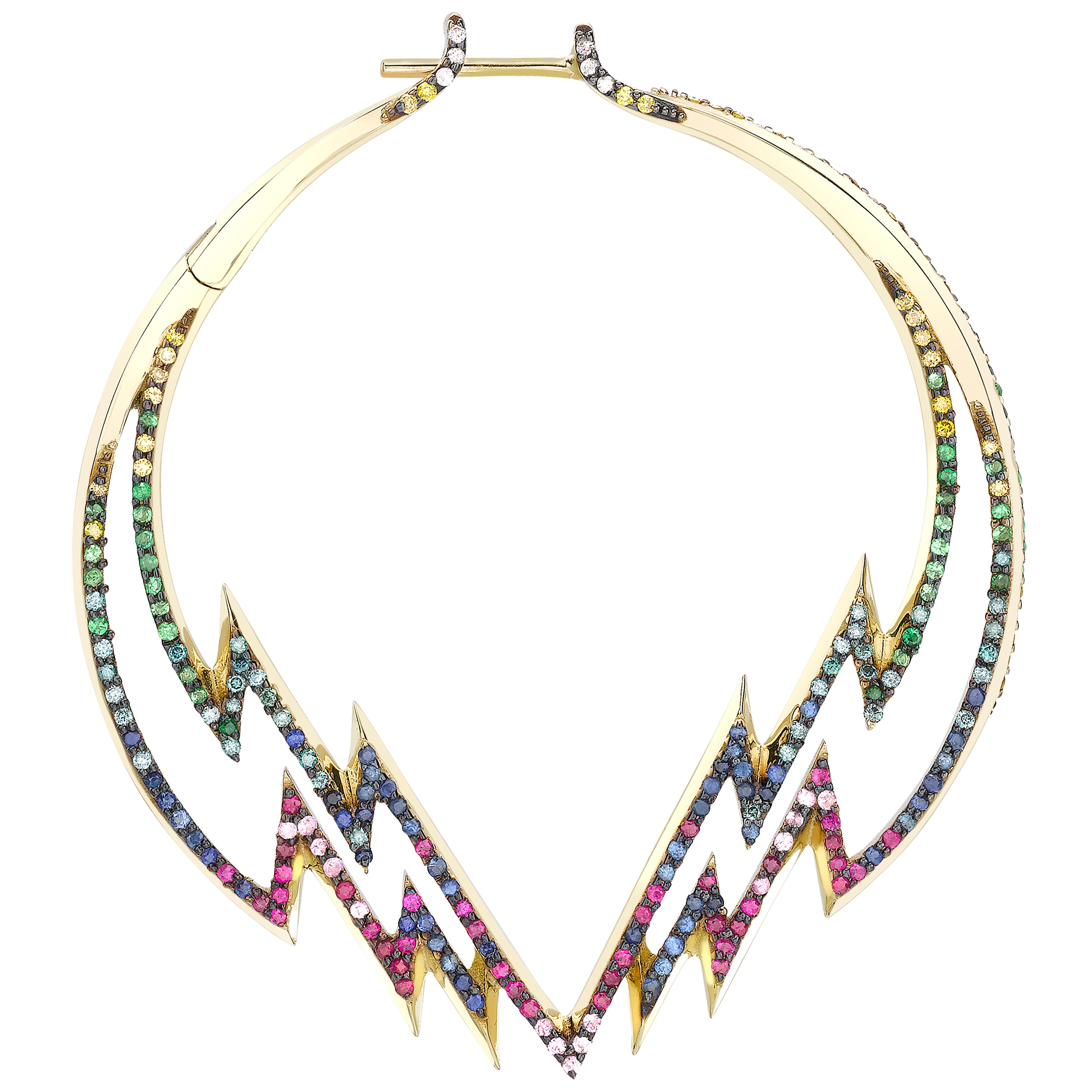 Contemporary Venyx 18 Karat Gold Sapphire Diamond Ruby Tsavorites  Hoop Earrings For Sale