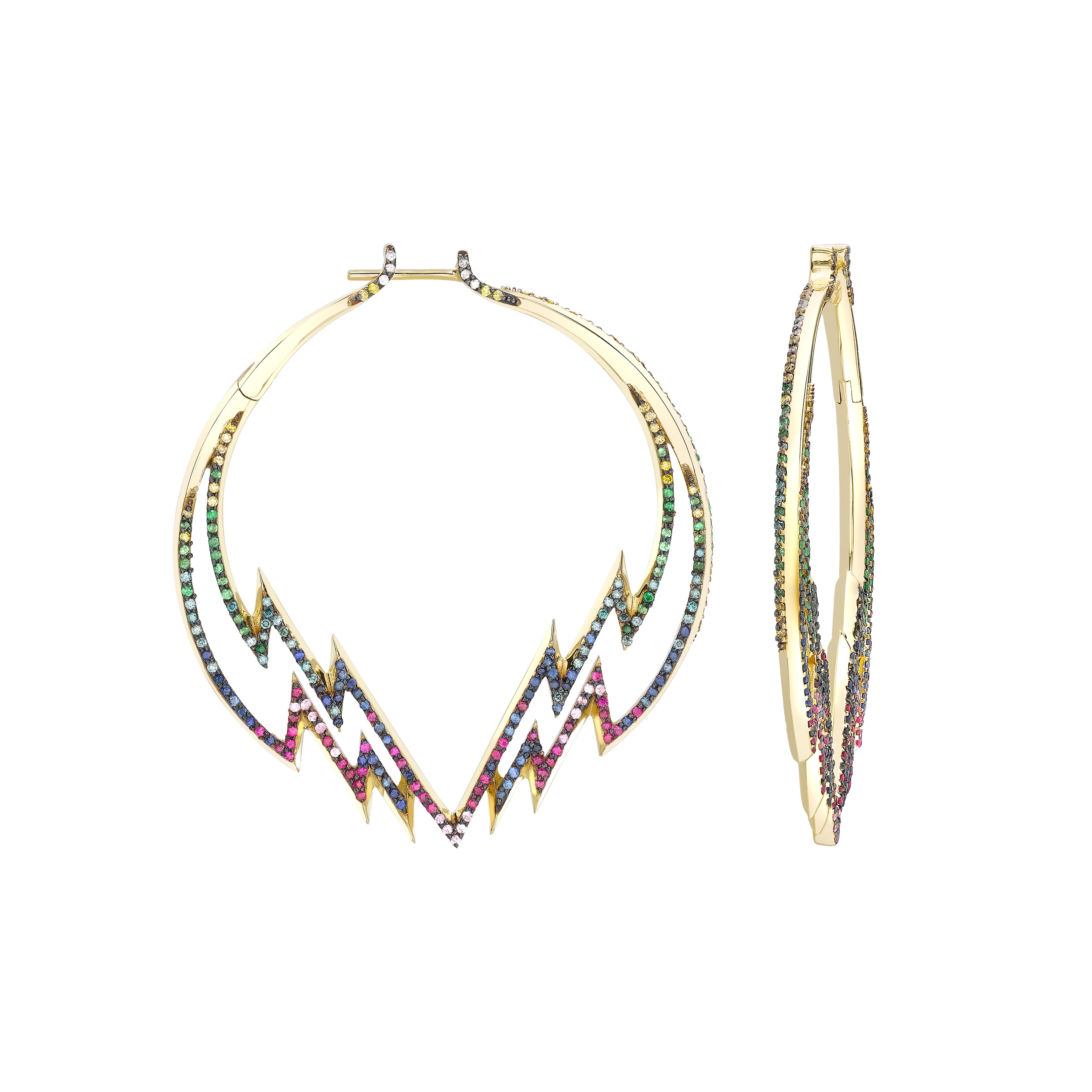 Venyx 18 Karat Gold Sapphire Diamond Ruby Tsavorites  Hoop Earrings For Sale