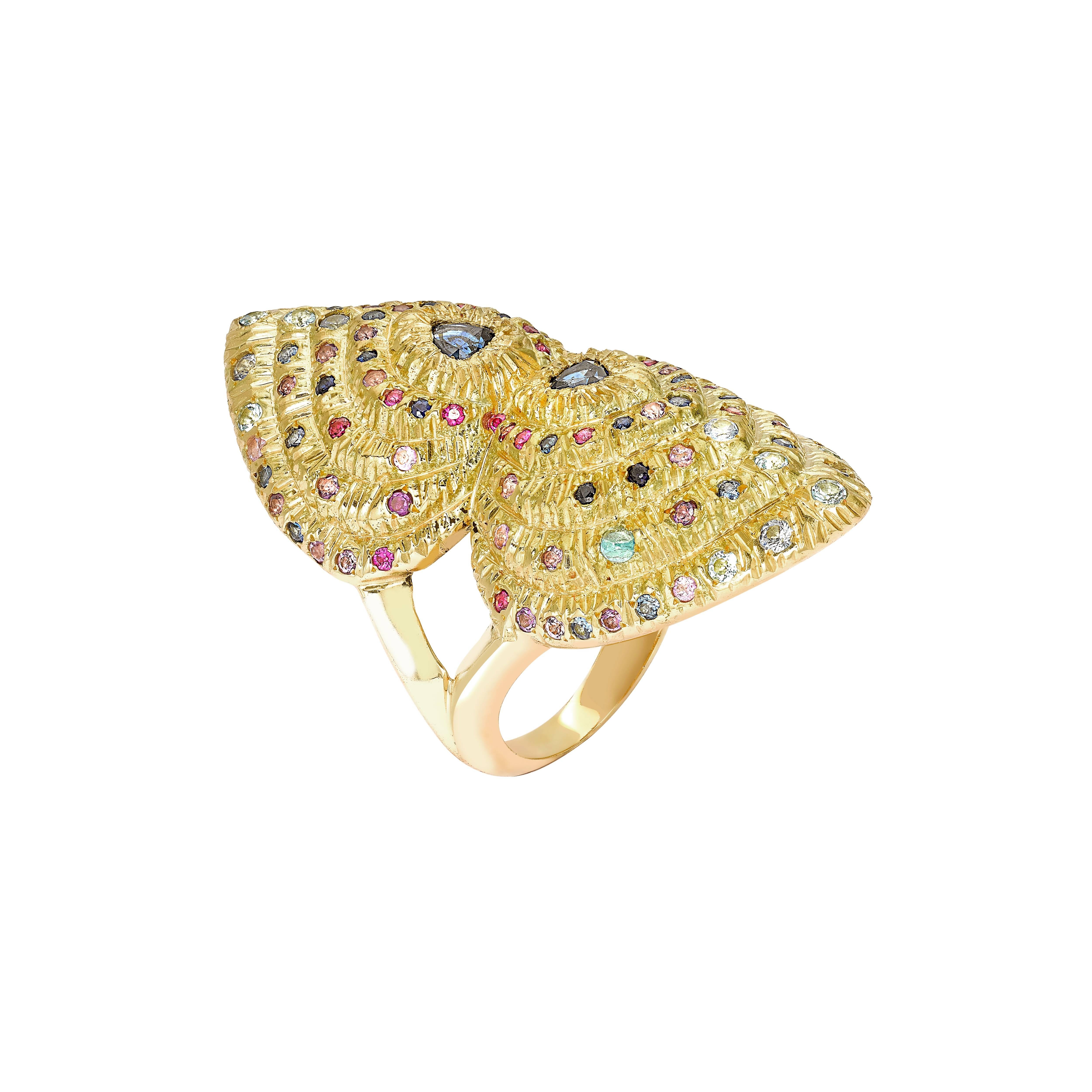 Ring size: 49, 51, 52 & 54 
(Alternative sizes available on a made to order basis, with an estimated delivery time of 4-6 weeks)

18k Yellow Gold 16.80gr, 38 Blue Sapphires 0.41, 42 Amethysts 0.22ct, 18 Rubies 0.10ct and 10 Blue Topaz 0.19ct

Shells