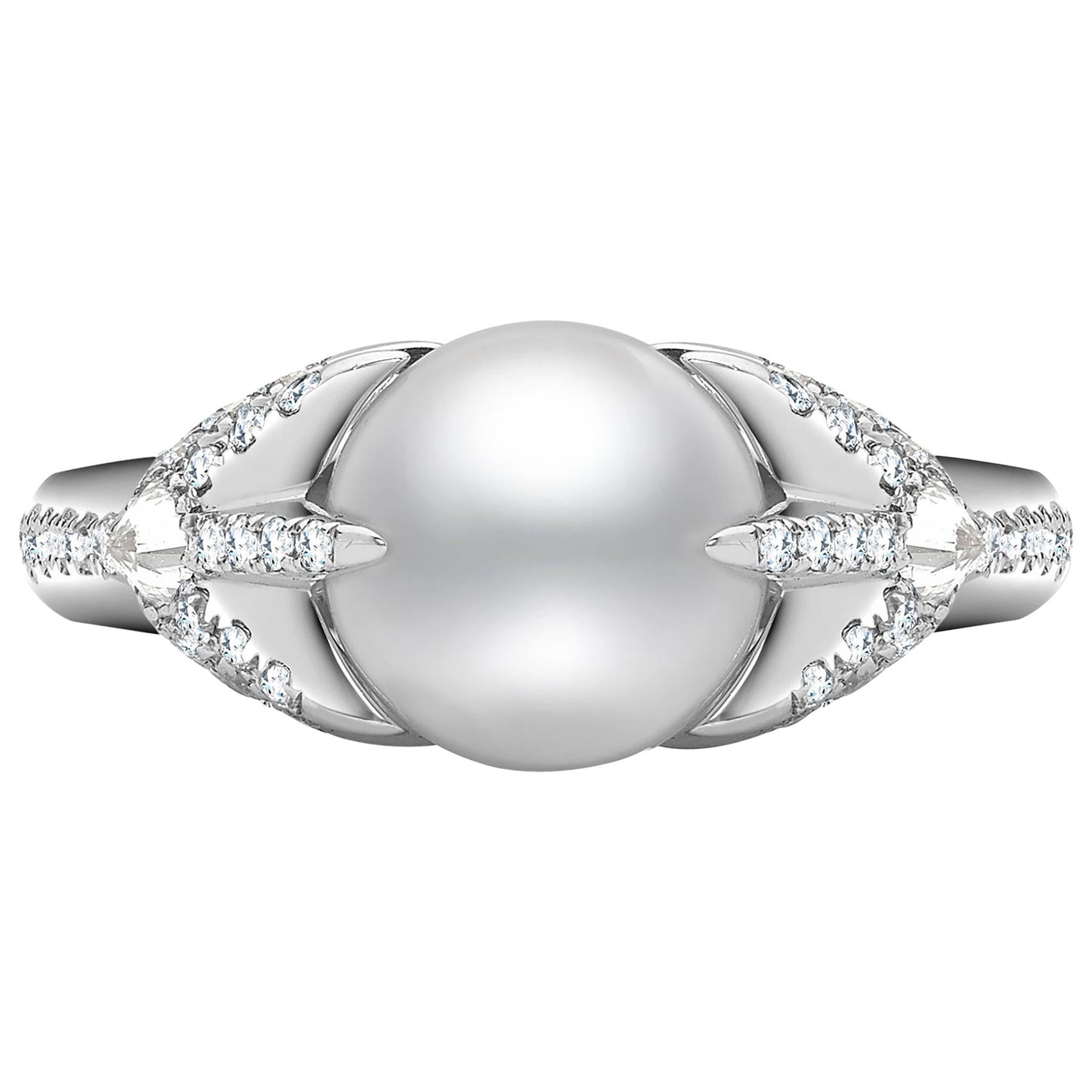 Venyx 18 Karat White Gold Diamond Akoya Pearl Oseanyx Cocktail Ring For Sale