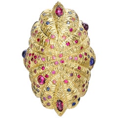 Venyx 18 Karat Yellow Gold Blue Sapphire Ruby and Colored Stone Statement Ring