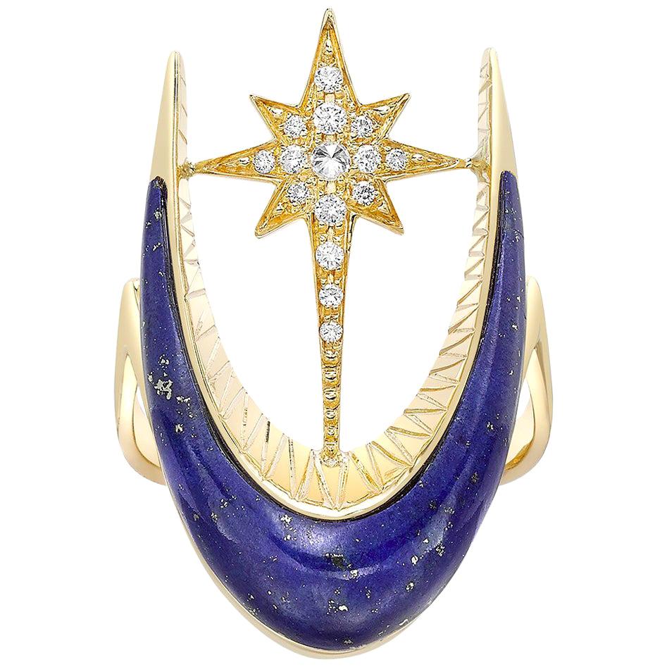 Venyx 18 Karat Yellow Gold Diamond Lapis Parrot Star Fish Cocktail Ring For Sale