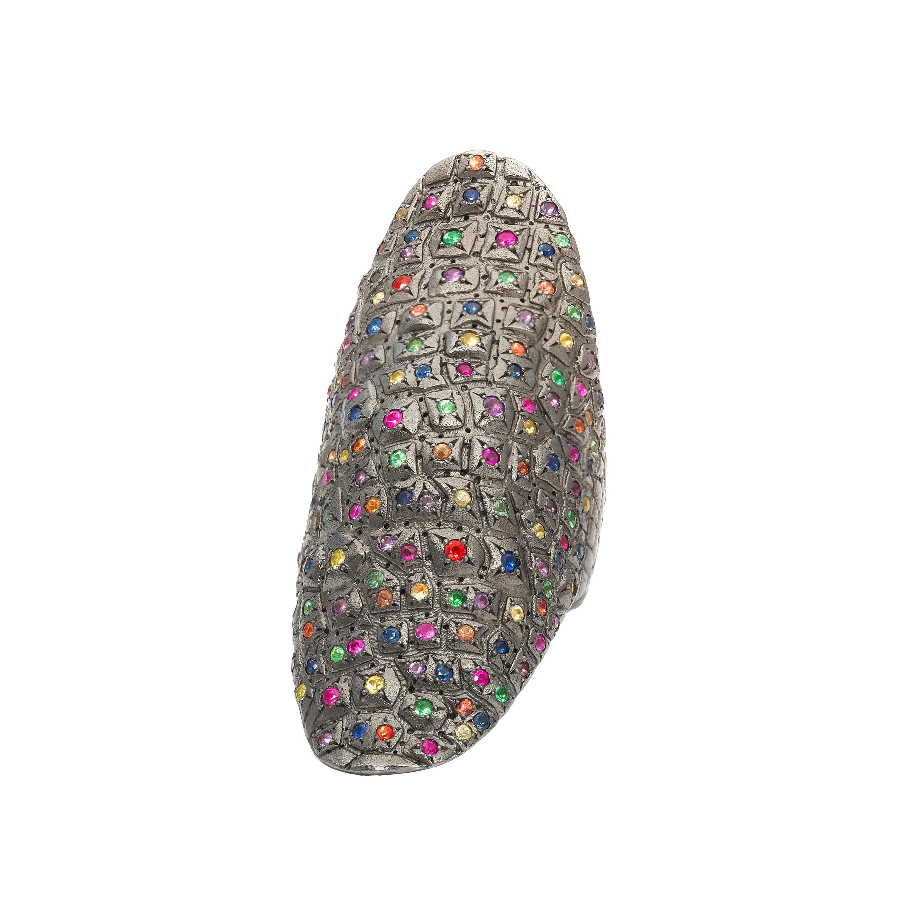 Contemporary Venyx 9 Karat Gold Diamond Sapphire and Colored Stone Rainbow Lady Gator Ring For Sale