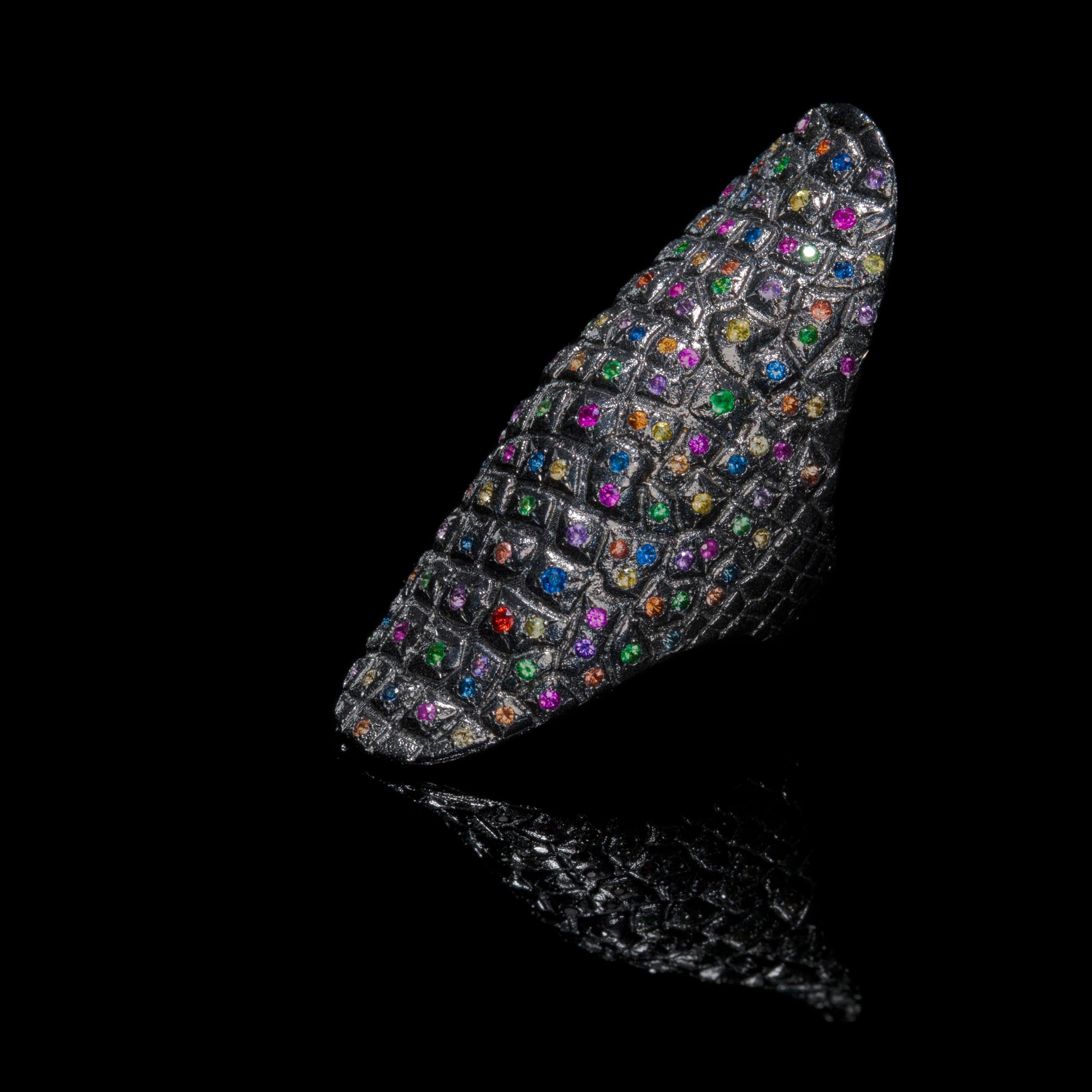 Women's Venyx 9 Karat Gold Diamond Sapphire and Colored Stone Rainbow Lady Gator Ring For Sale