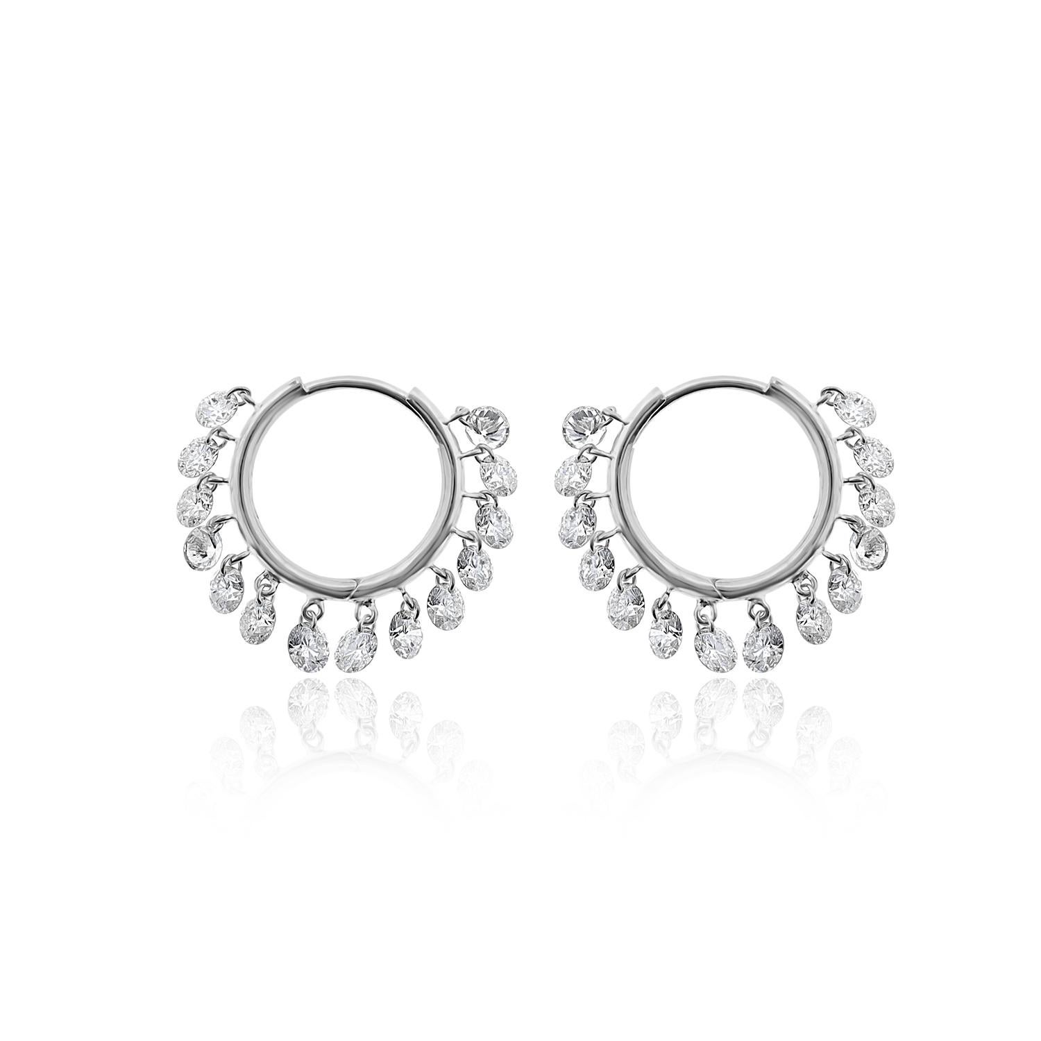 Modern Vera Belleza's Dangling Round Brilliant cut diamond hoop Earings 18k gold For Sale