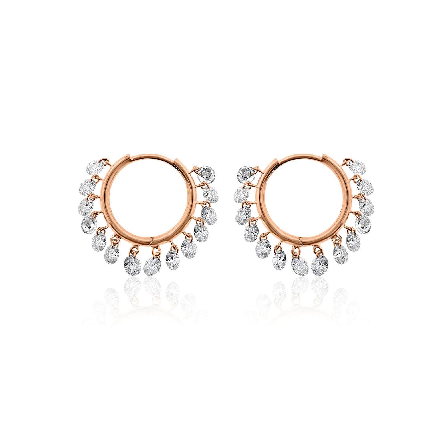 Brilliant Cut Vera Belleza's Dangling Round Brilliant cut diamond hoop Earings 18k gold For Sale