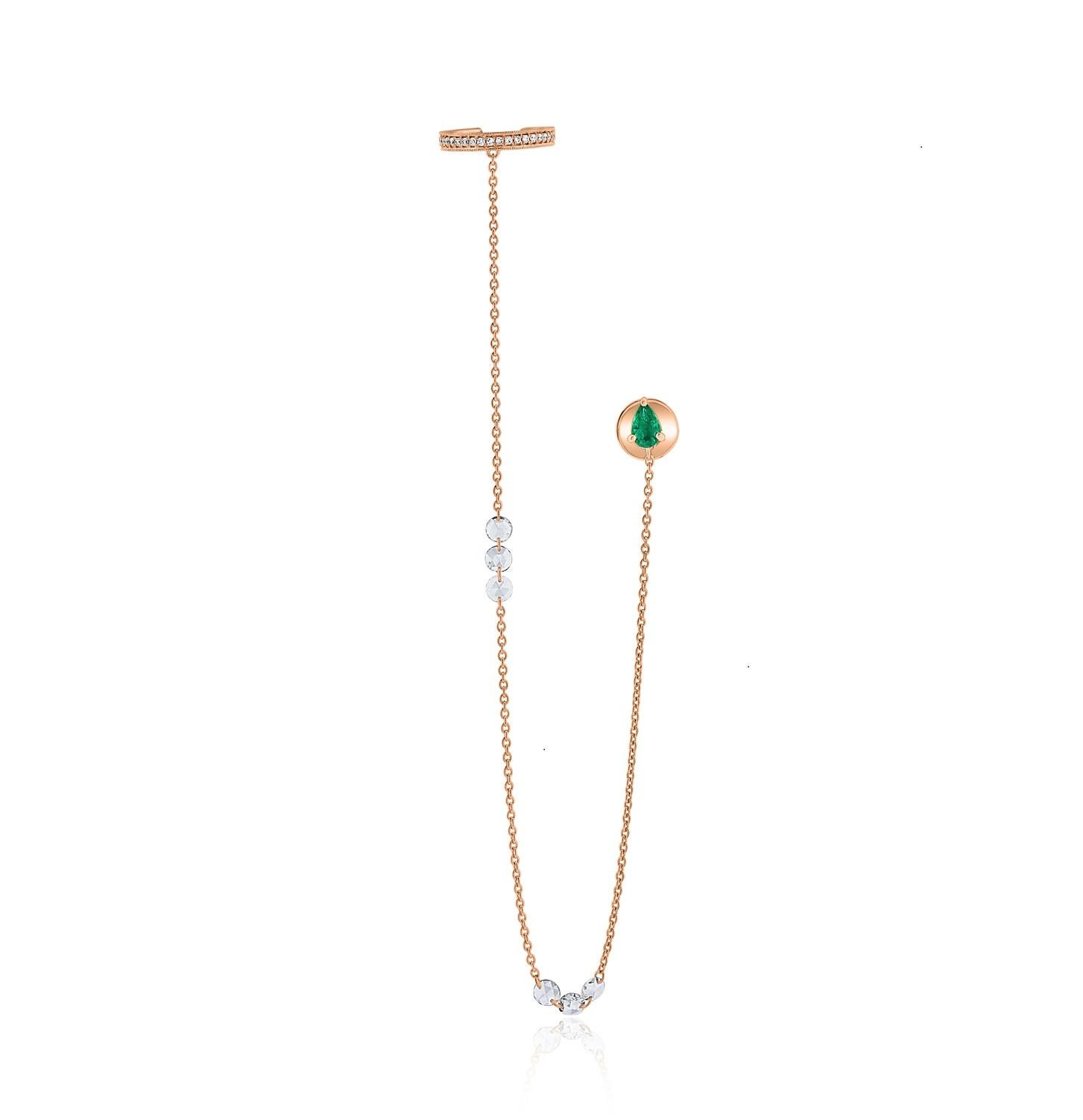 Manchettes d'oreilles Vera Belleza avec diamants flottants taille rose et émeraude en or 18 carats Neuf - En vente à Los Angeles, CA