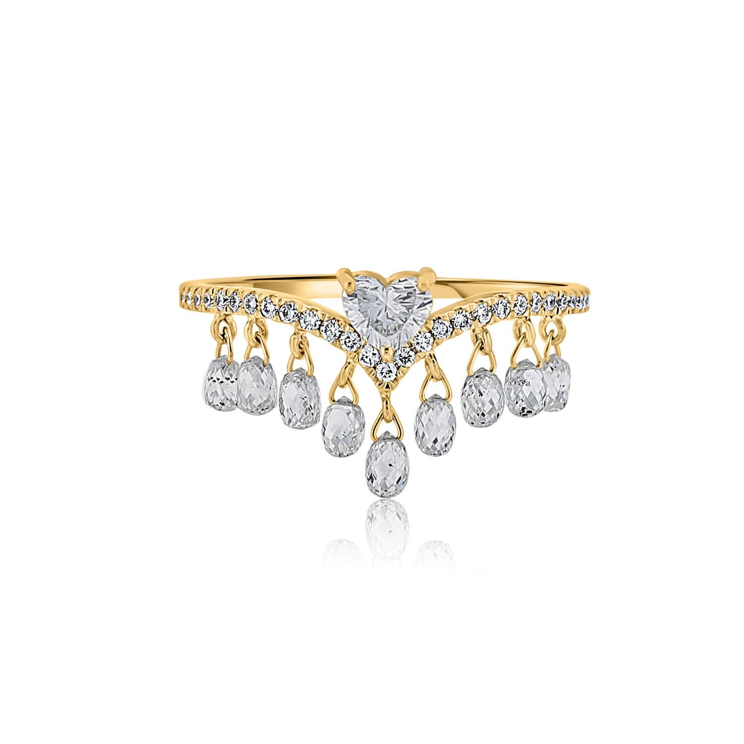 Vera Belleza's Heart shapped diamond in 18k gold with dangling briolette drops In New Condition For Sale In Los Angeles, CA
